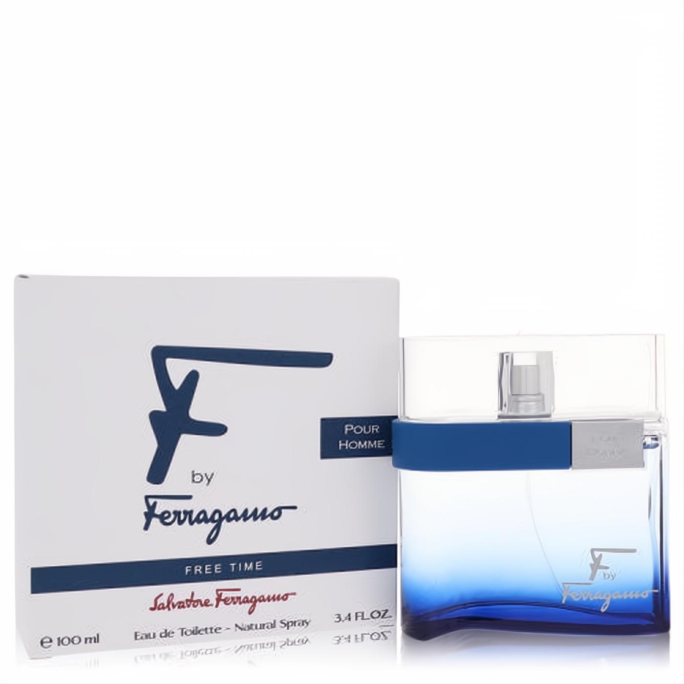 Salvatore Ferragamo F Free Time 3.4 oz EDT. Sleek blue gradient glass bottle with clear cap and matching white box.