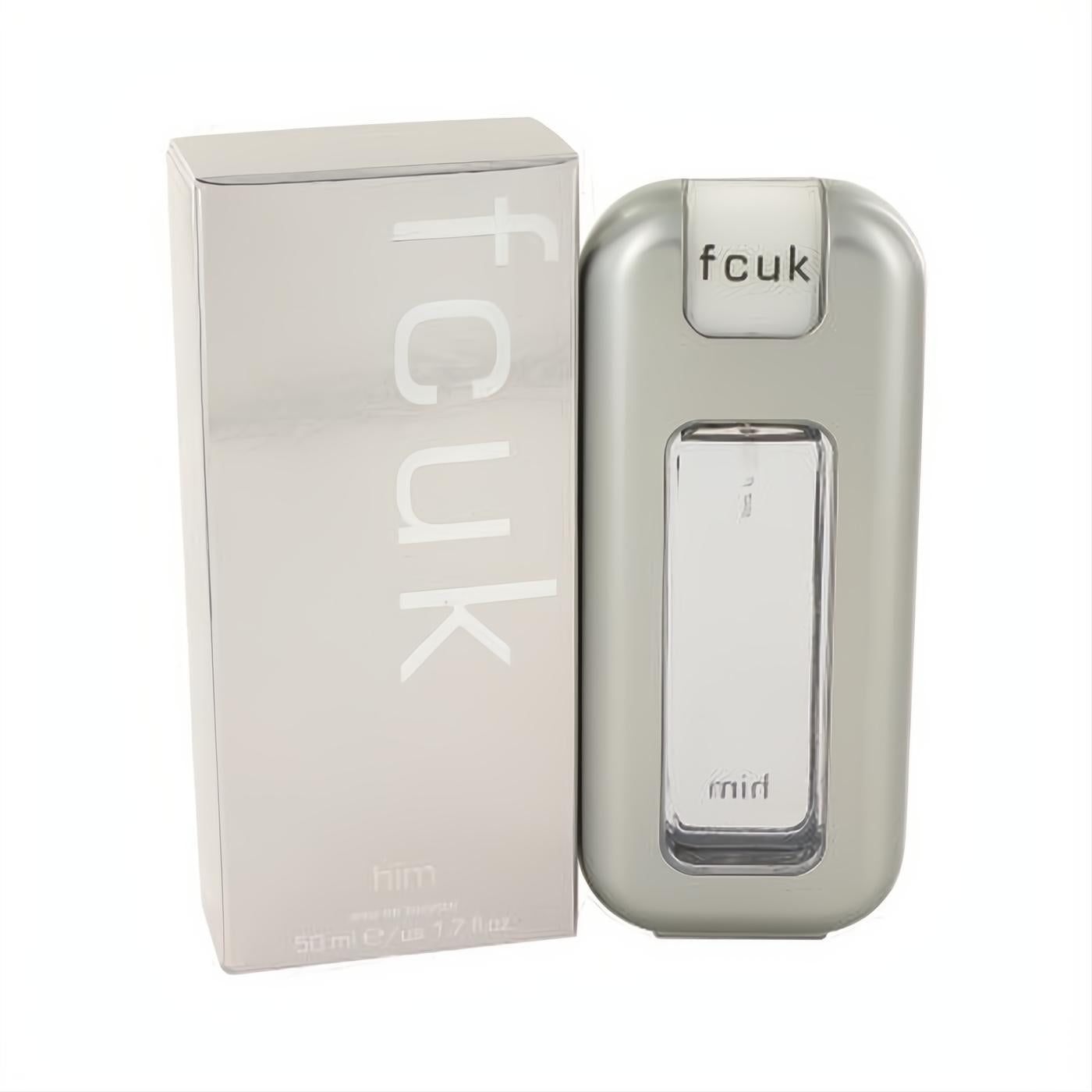 Bold FCUK Him 1.7 oz Eau De Toilette spray in a sleek silver bottle with clear panel, presented with its modern matching box.