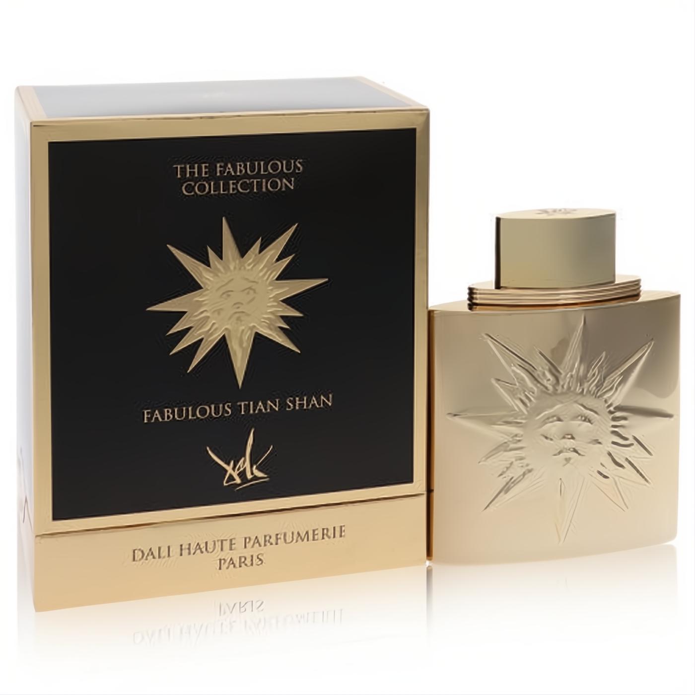Dali Haute Parfumerie Fabulous Tian Shian unisex EDP in a radiant gold bottle with sunburst design, beside its sleek black and gold box.