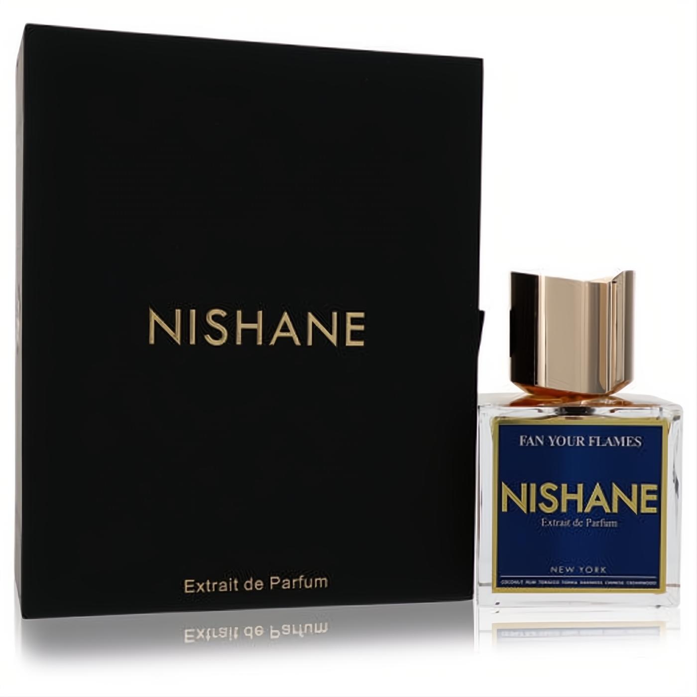 Elegant Nishane Fan Your Flames 3.4 oz Extrait de Parfum in a clear bottle with blue label, gold cap, and luxurious black box.