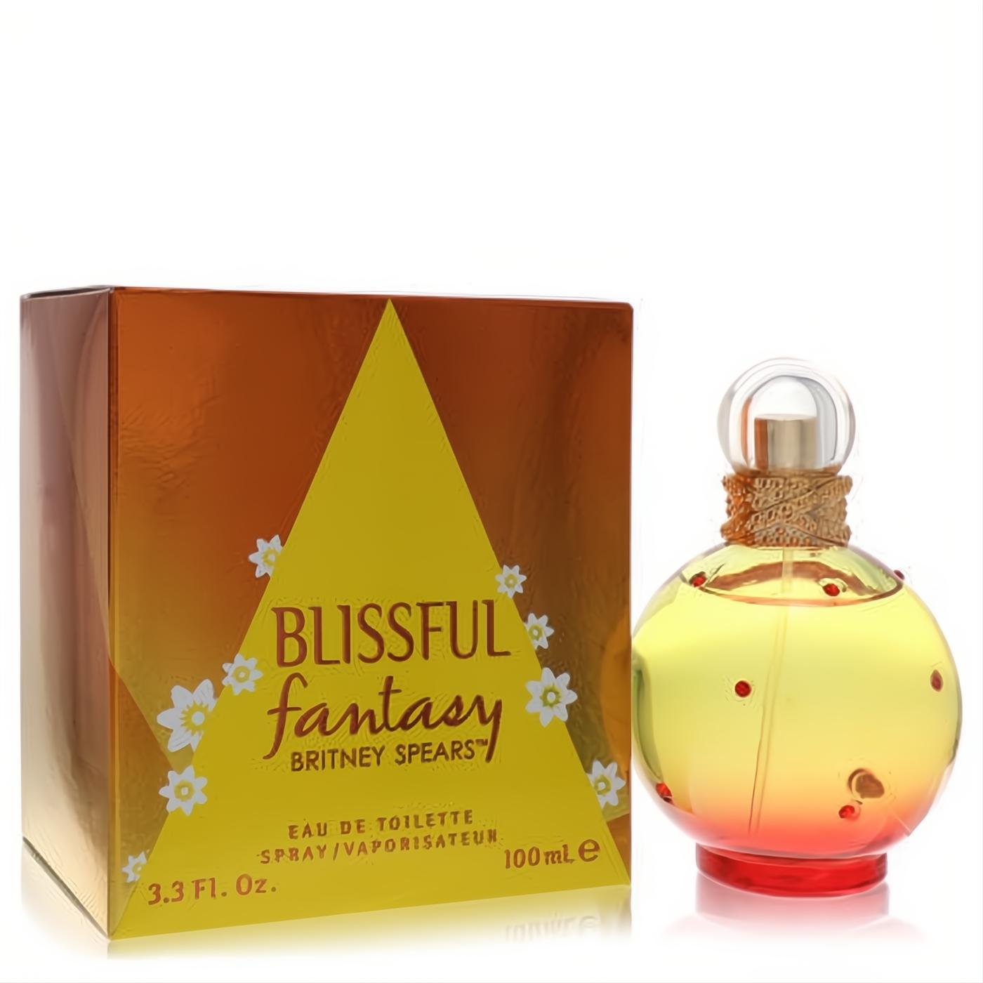Britney Spears Blissful Fantasy 3.4 oz EDT. Spherical yellow-orange bottle with red gems, gold cap, and a metallic floral box.