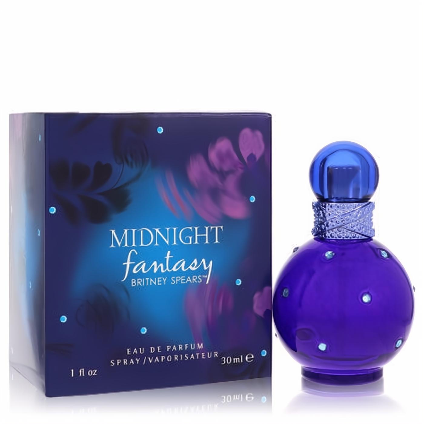 Midnight Fantasy Britney Spears 1 oz Eau De Parfum spray. Dazzling deep blue spherical bottle with sparkling gems, next to its mystical floral box.