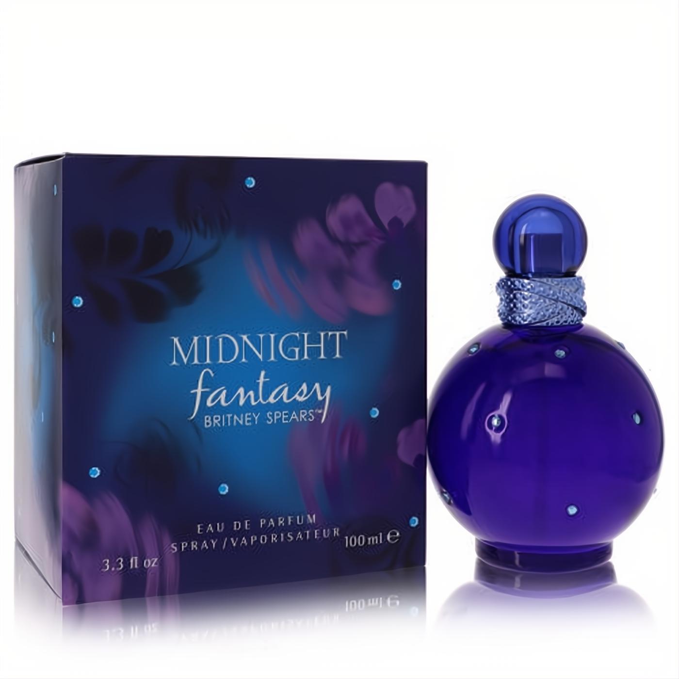Captivating Midnight Fantasy Britney Spears 3.3 oz EDP. Deep blue jeweled bottle and elegant box with purple floral design.