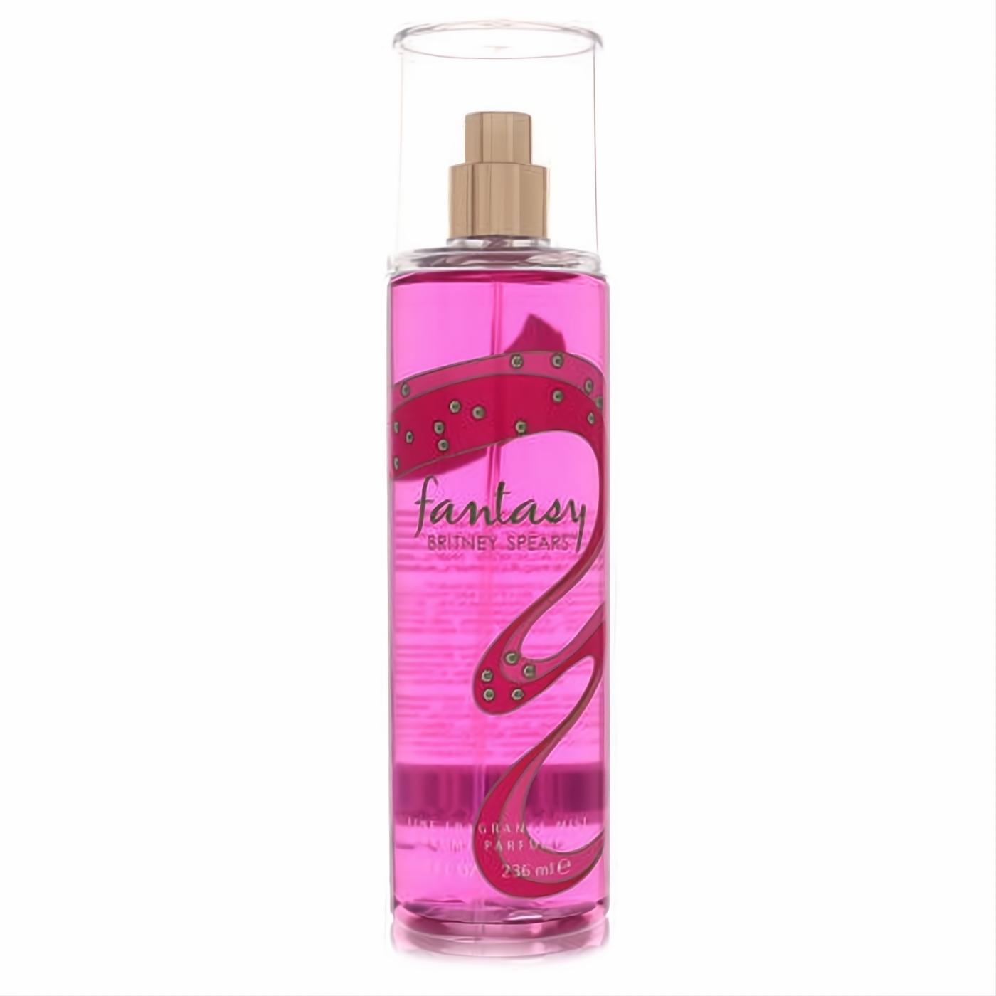 Dazzling Britney Spears Fantasy 8 oz body mist in a clear bottle, showcasing vibrant pink liquid and a studded swirl design.