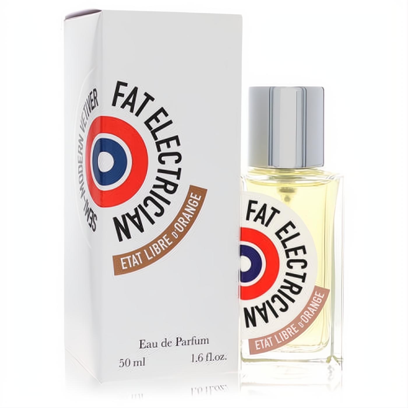 Etat Libre D'orange Fat Electrician 1.6 oz EDP spray. Clear bottle, silver cap, bold red, white, blue circular logo, and white box.