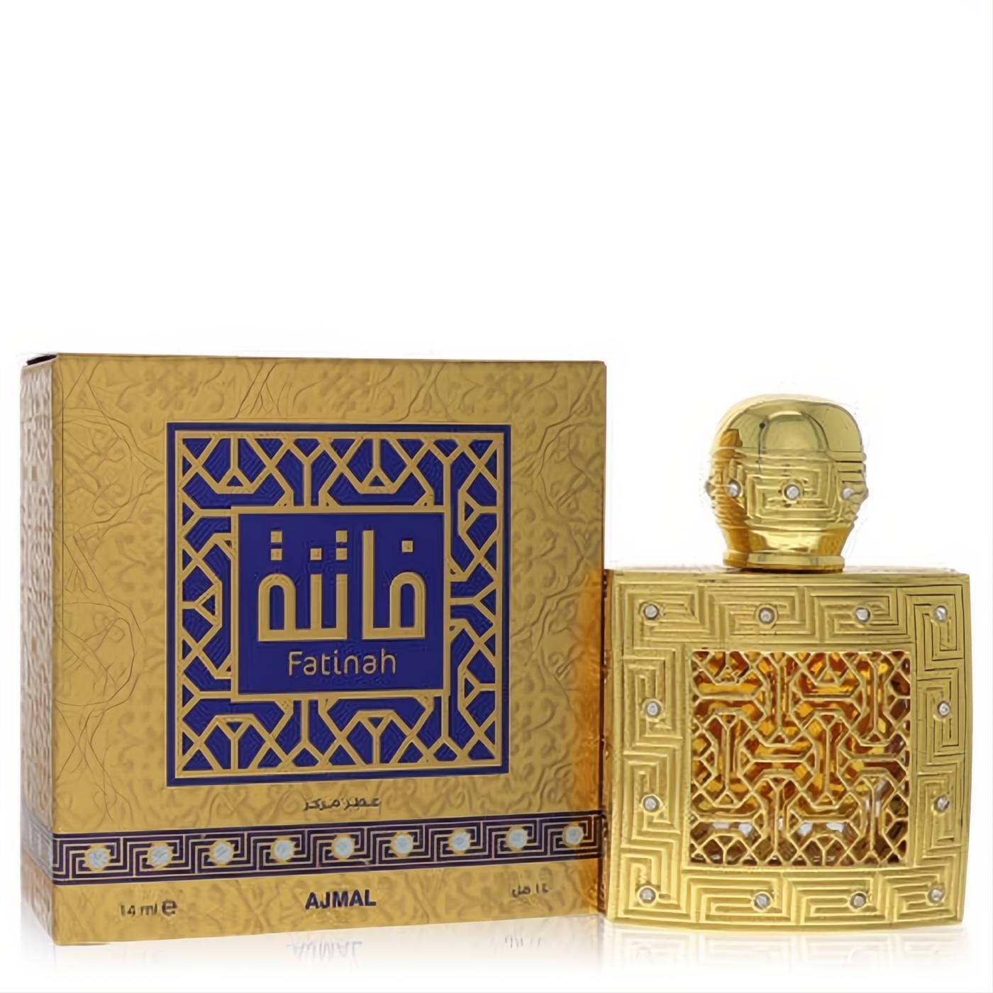 Luxurious Fatinah by Ajmal 14ml unisex perfume oil. Gold bottle with intricate geometric design, sparkling crystals, and ornate cap.