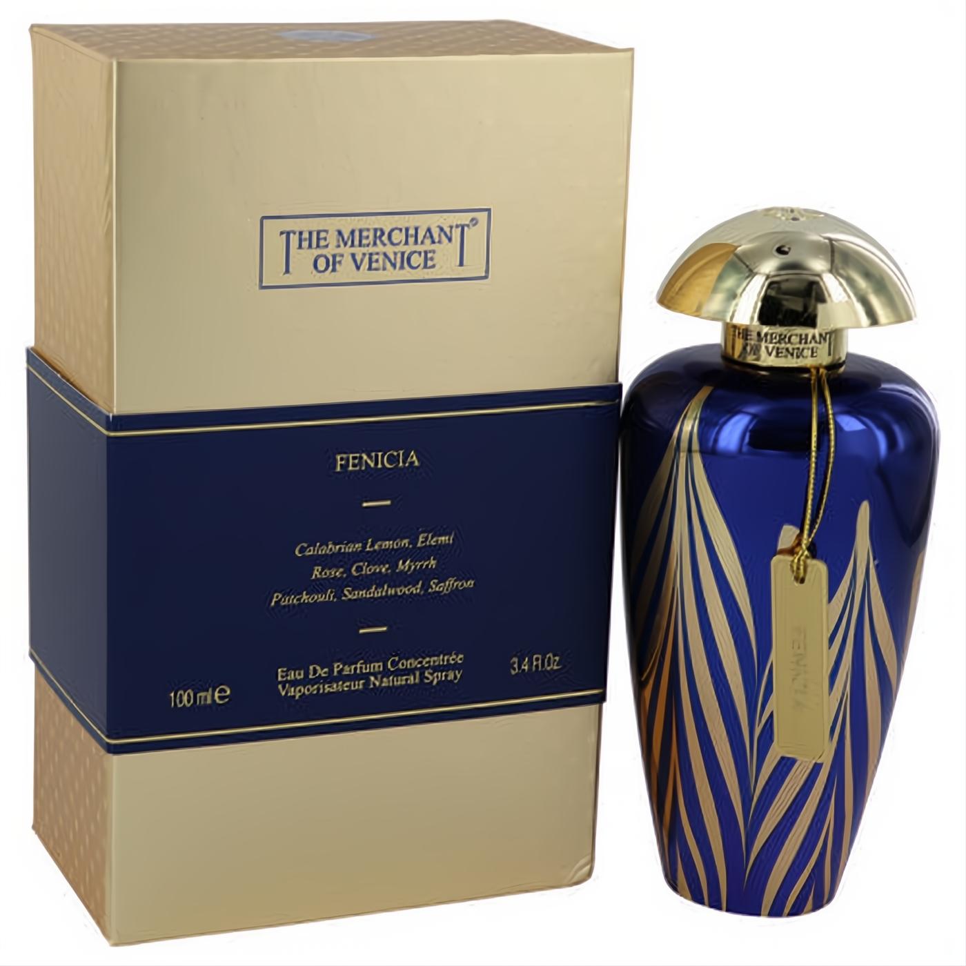 Exquisite Fenicia 3.4 oz unisex EDP. Deep blue bottle with intricate gold leaf design, elegant gold cap, and matching box.
