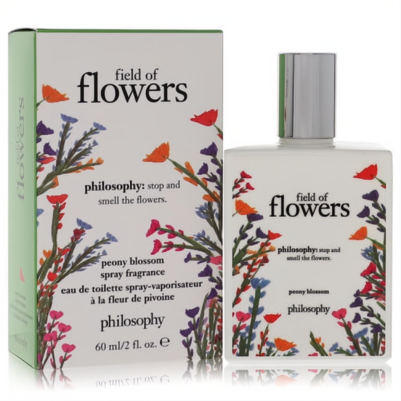 Philosophy Field of Flowers 2 oz EDT spray in a white bottle with silver cap and vibrant red, orange, purple floral art. Matching elegant box.
