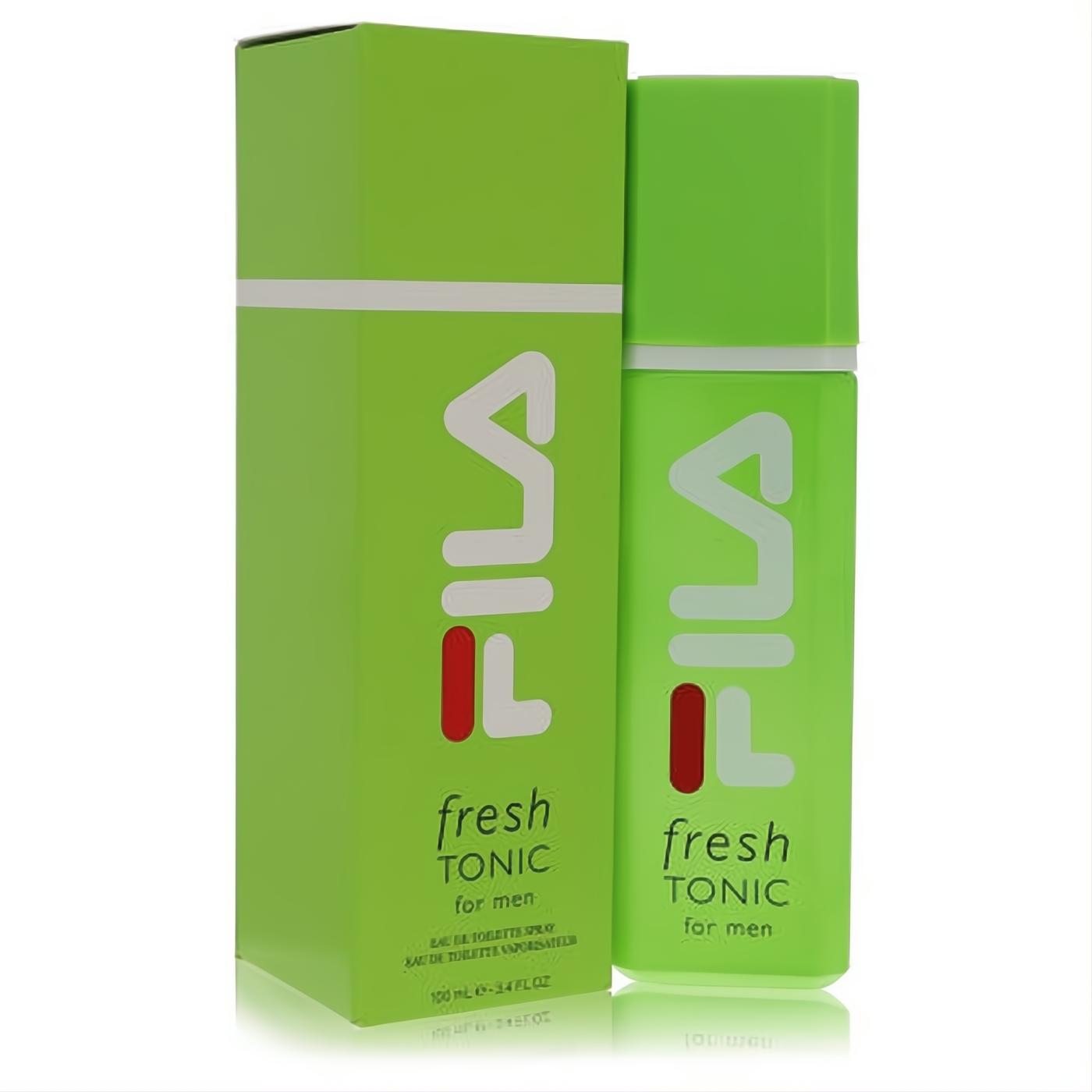 Vibrant Fila Fresh Green Tonic 3.4 oz men's EDT spray in a sleek lime green bottle and matching box.