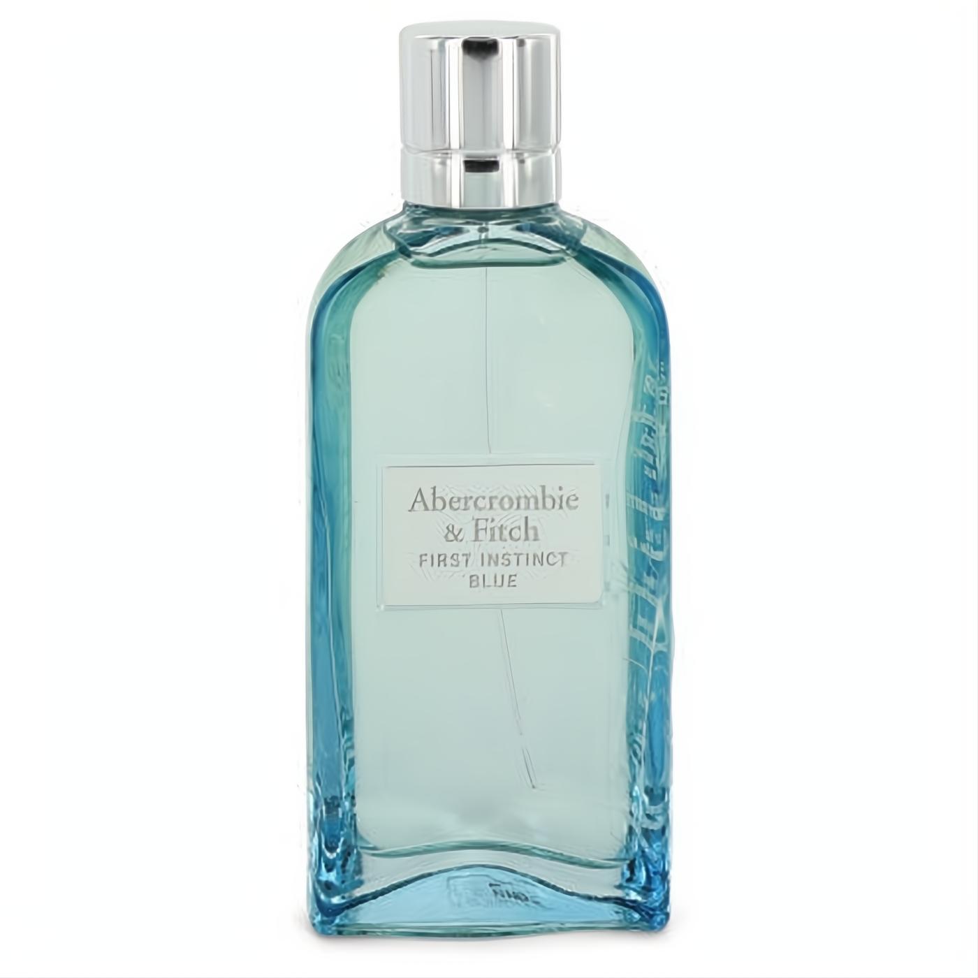 Abercrombie & Fitch First Instinct Blue women's 3.4 oz perfume. Sleek blue glass bottle with a silver cap.