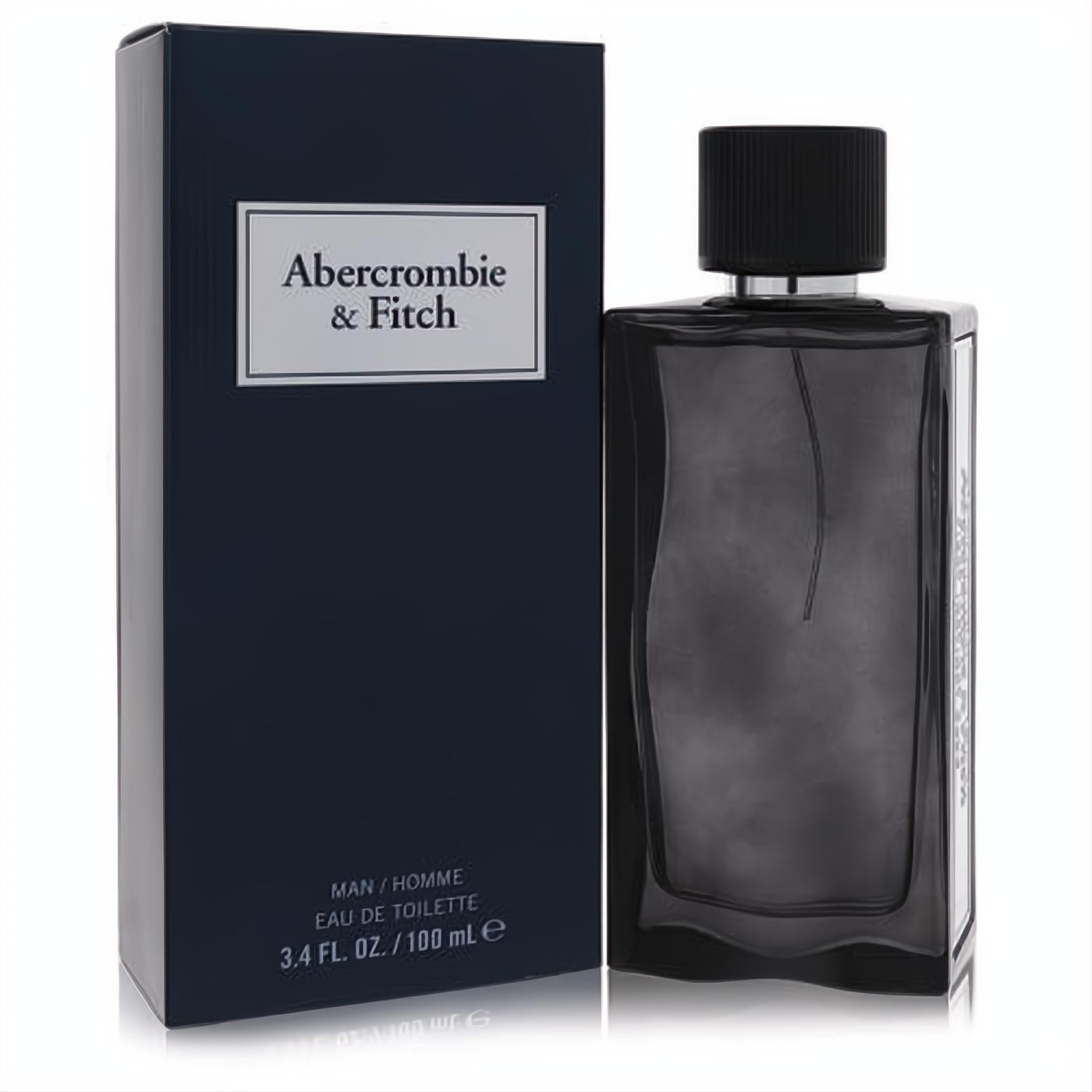 Abercrombie & Fitch First Instinct Blue 3.4 oz men's cologne. Sleek dark blue glass bottle with black cap and matching box.