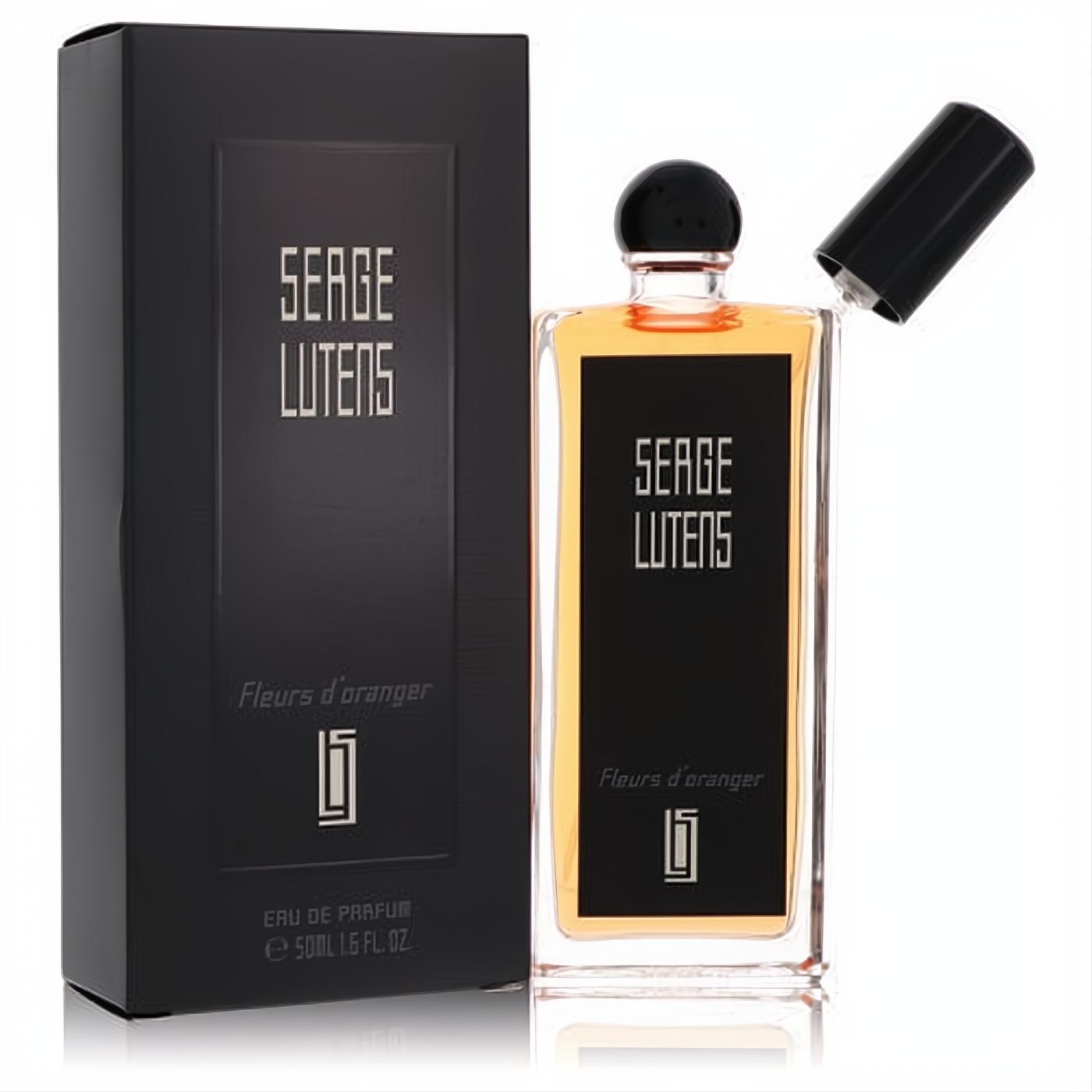 Elegant Serge Lutens Fleurs D'Oranger 1.69 oz unisex EDP spray. Clear glass bottle with black label, open cap, and matching box.