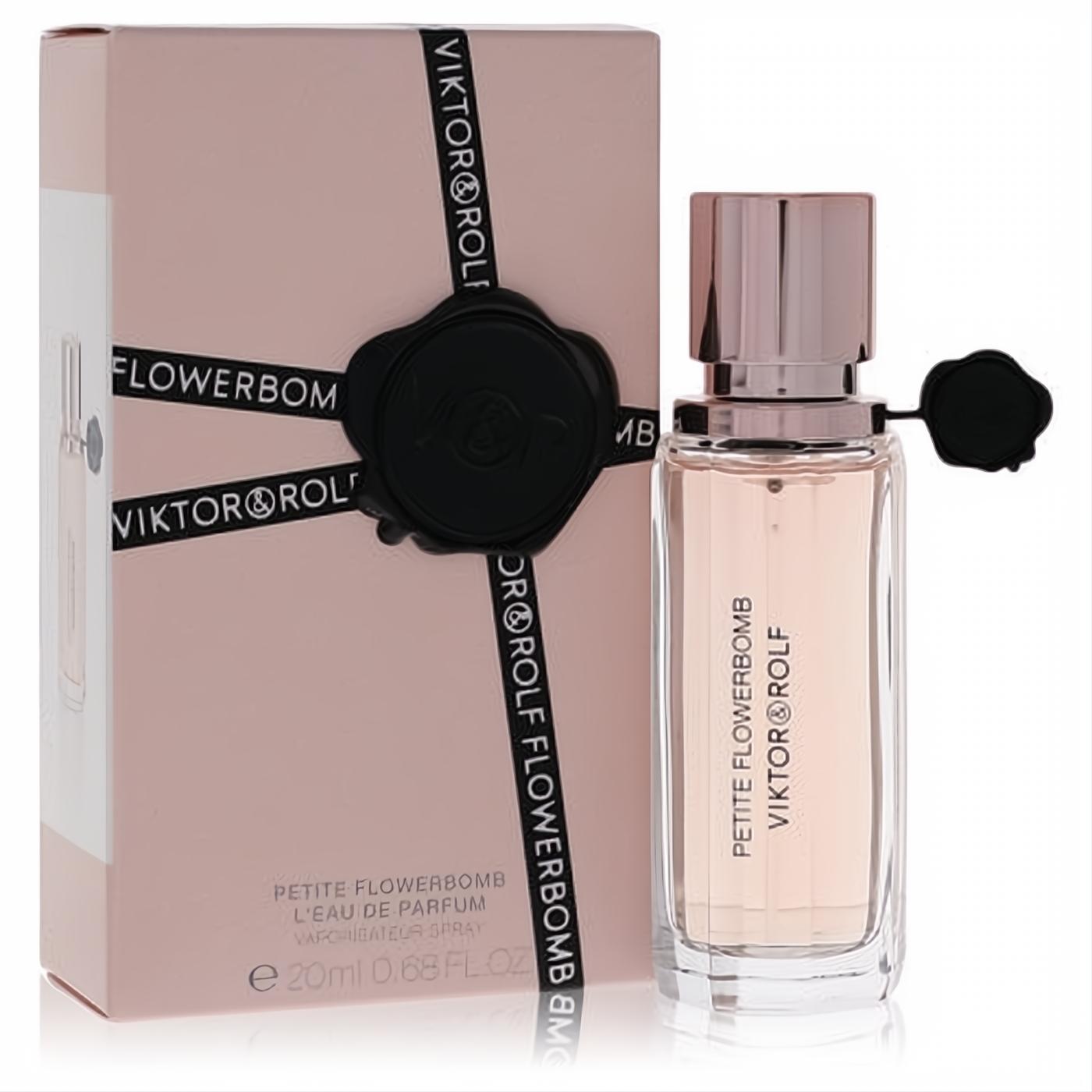 Chic Petite Flowerbomb Viktor & Rolf .68 oz EDP spray, featuring a rose gold cap and signature pink box with black seal.