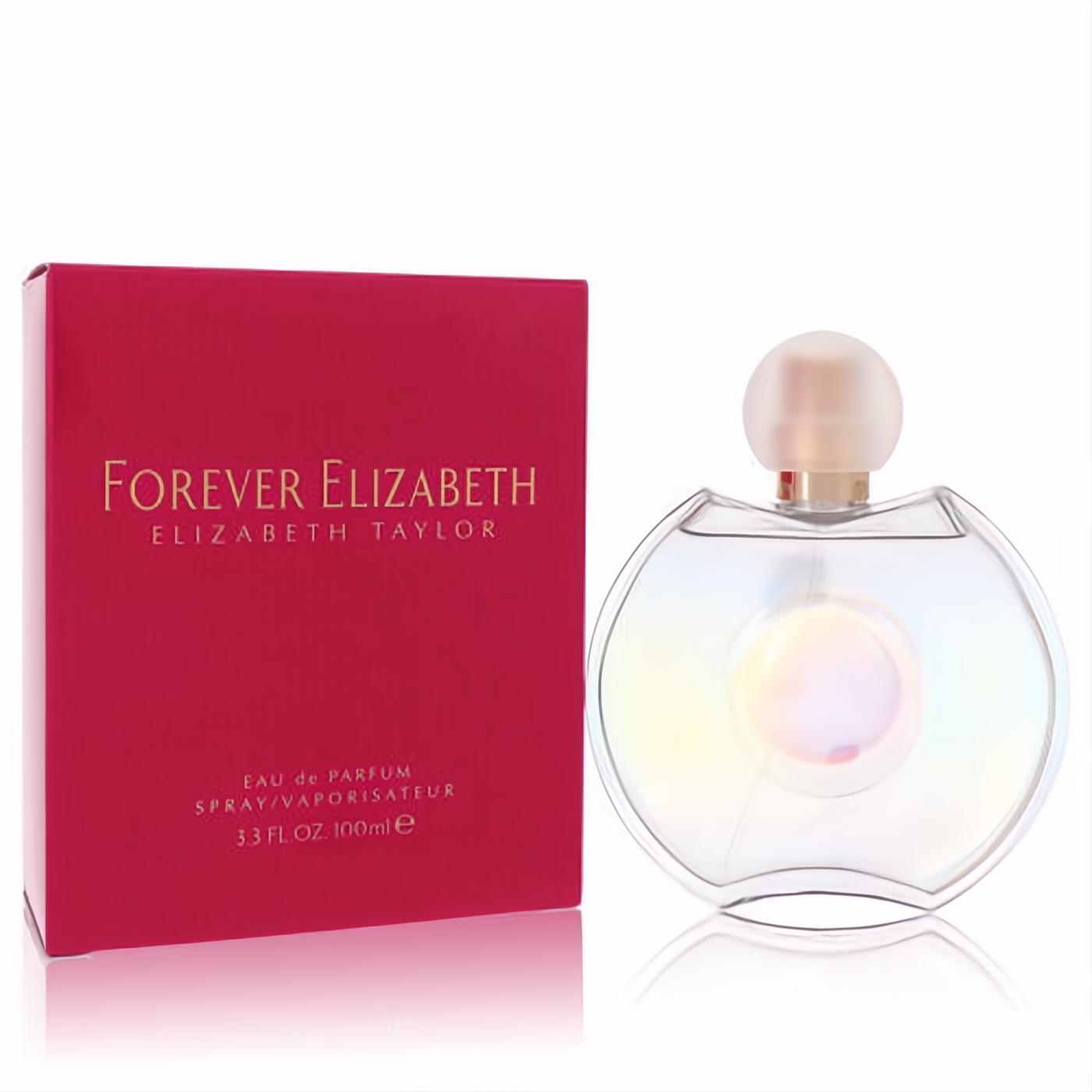 Vibrant Forever Elizabeth 3.3 oz EDP spray. Shimmering iridescent glass bottle with a frosted cap next to a bold magenta box.