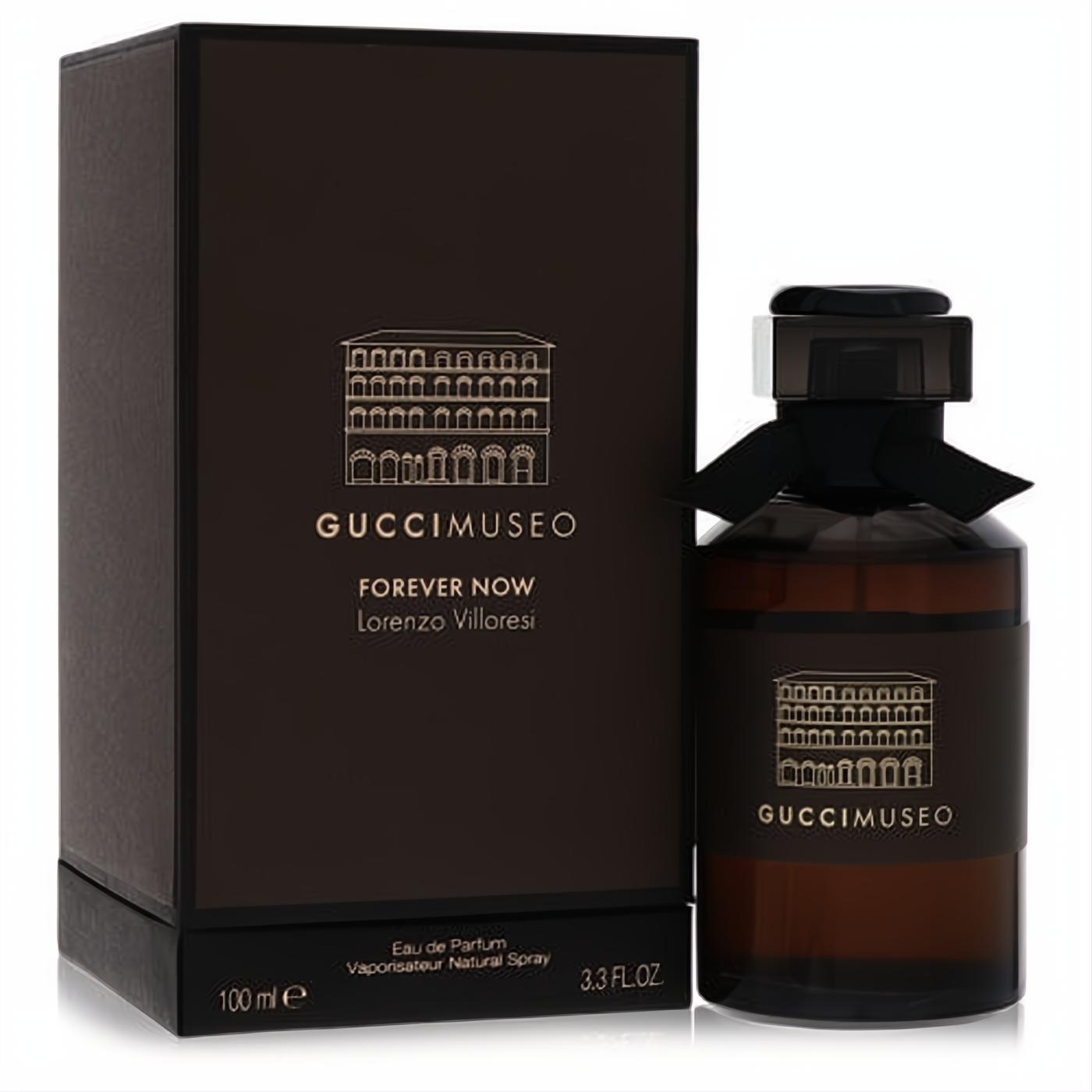 Experience Forever Now Gucci Museo 3.3 oz Eau De Parfum. Elegant amber bottle with black ribbon, sophisticated brown box.