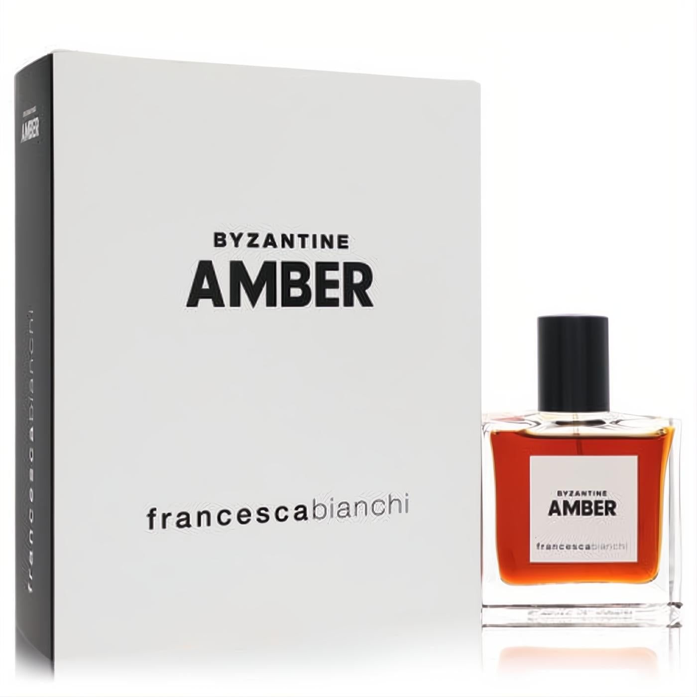 Elegant Francesca Bianchi Byzantine Amber 1 oz extrait de parfum in a clear glass bottle with rich amber liquid, beside its crisp white branded box.