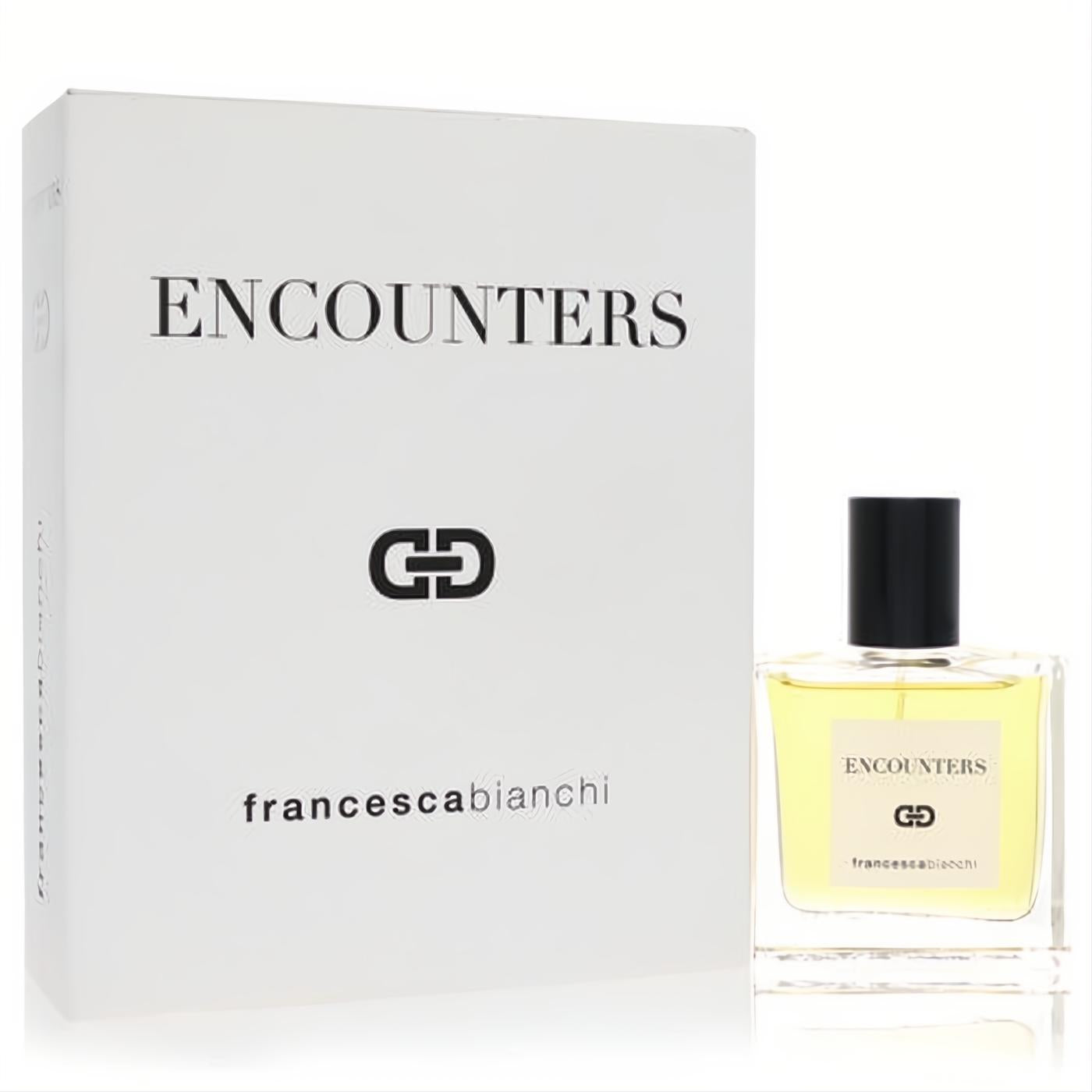 Francesca Bianchi Encounters 1 oz Extrait De Parfum. Elegant white box and clear glass bottle with rich amber fragrance.