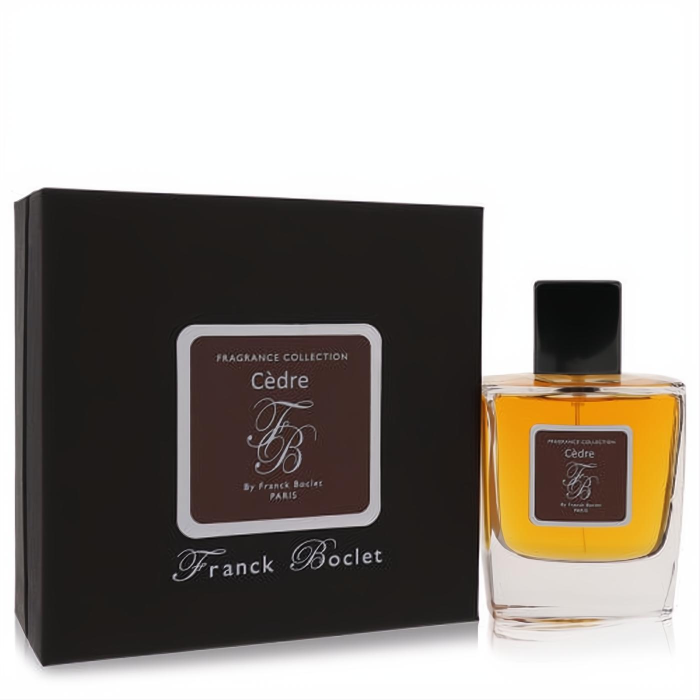 Sophisticated Franck Boclet Cedre 3.4 oz men's EDP. Amber liquid in a sleek glass bottle, with its elegant black box.
