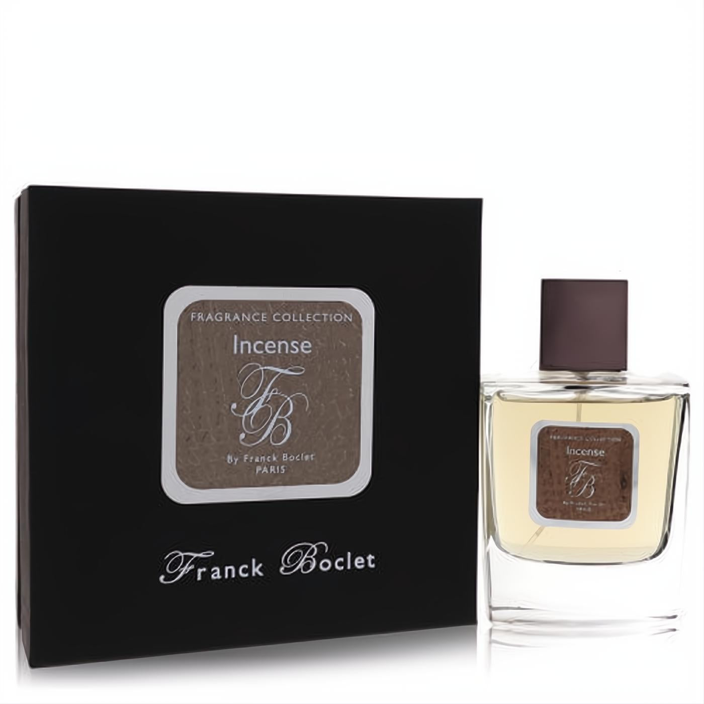 Franck Boclet Incense men's Eau De Parfum spray. Clear glass bottle with amber liquid, dark brown cap, and elegant black box with "FB" logo.