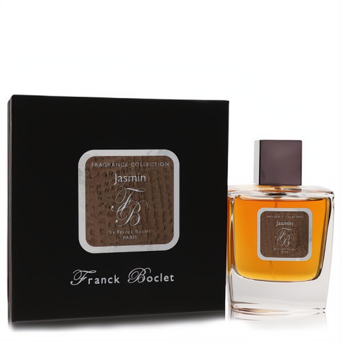 Franck Boclet Jasmin 3.3 oz unisex EDP. Amber liquid in a sleek glass bottle with wood-grain label and elegant black box.