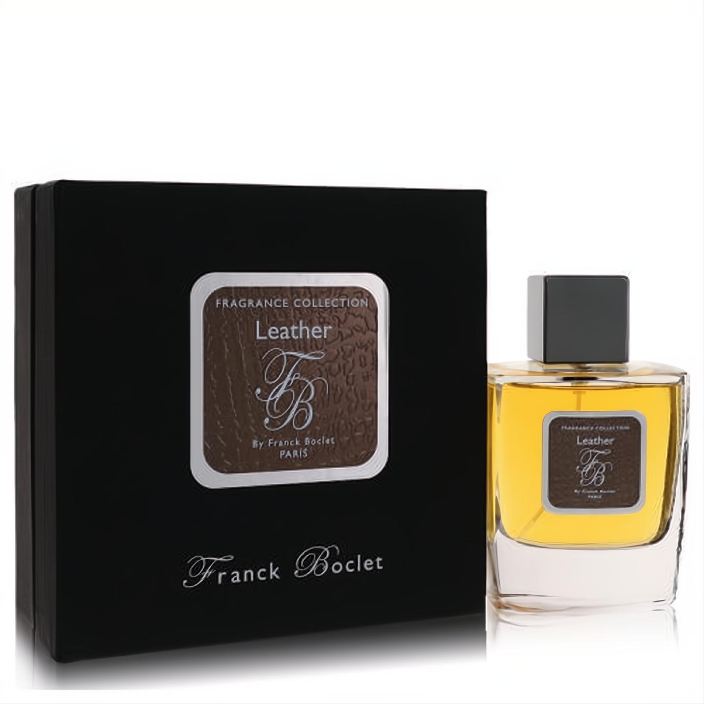 Franck Boclet Leather 3.4 oz EDP spray. Golden liquid in clear bottle, black cap, and elegant black box with textured brown leather label.