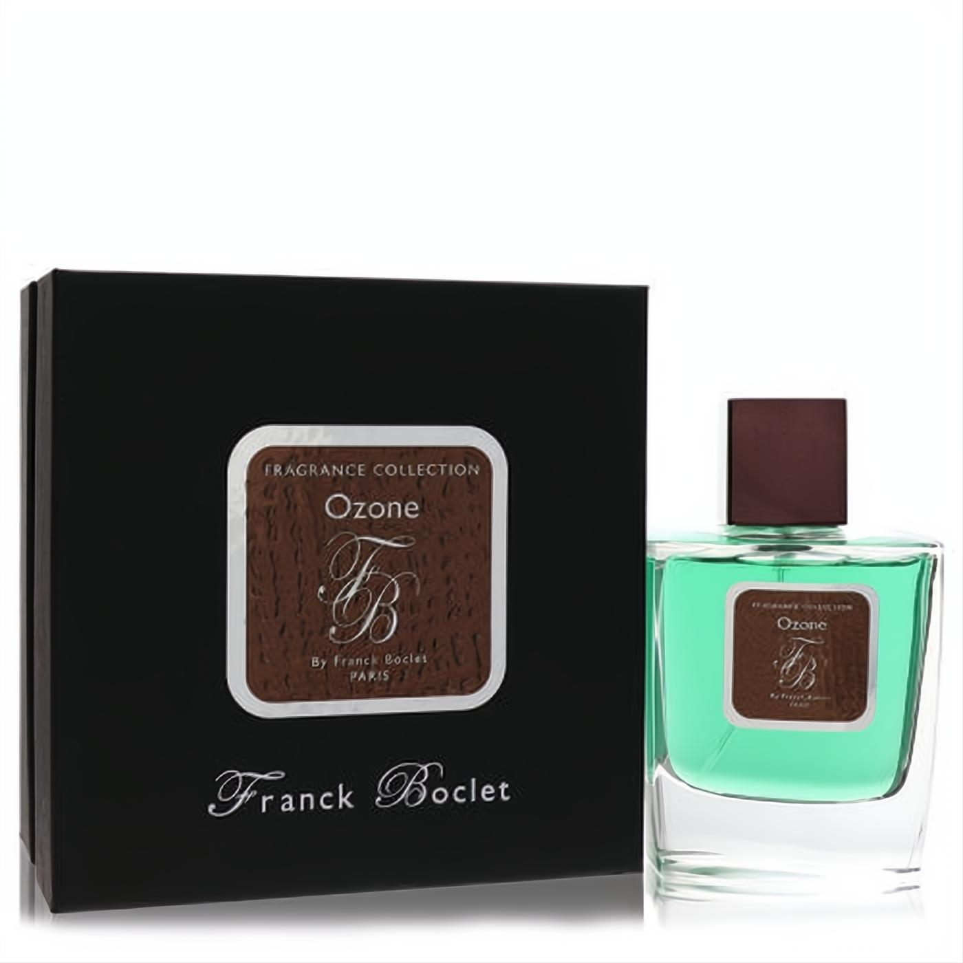 Franck Boclet Ozone 3.3 oz unisex EDP. Clear glass bottle with vibrant teal liquid, brown cap, and matching elegant black box.