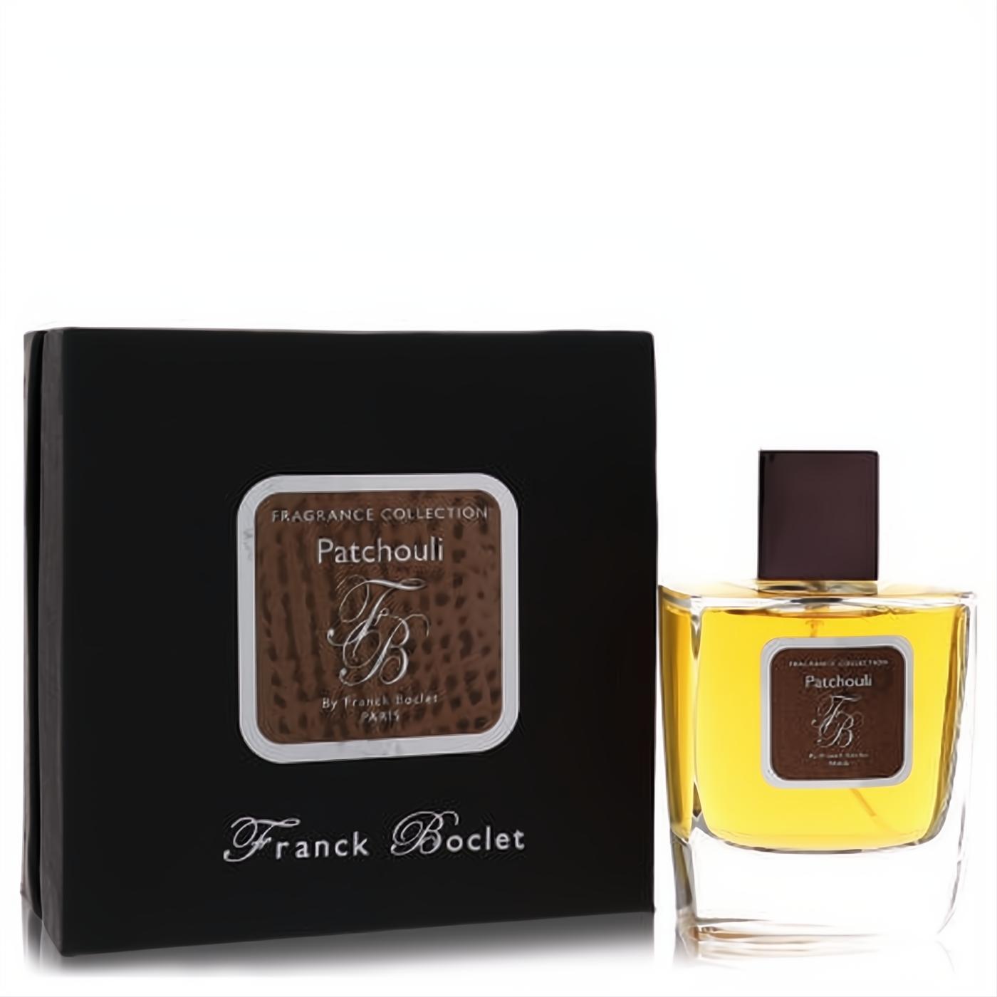 Elegant Franck Boclet Patchouli 3.4 oz men's EDP spray, clear glass bottle with warm amber liquid, and sleek black box.