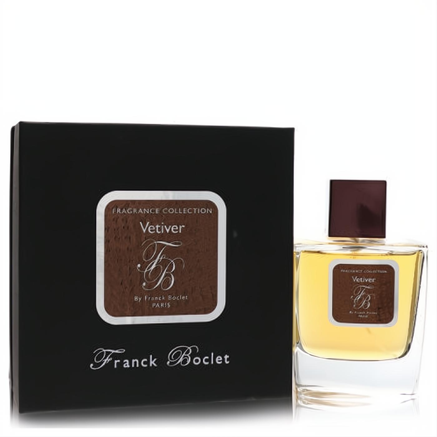 Franck Boclet Vetiver unisex EDP spray in a sleek clear glass bottle with amber liquid, dark brown cap, and elegant black presentation box.