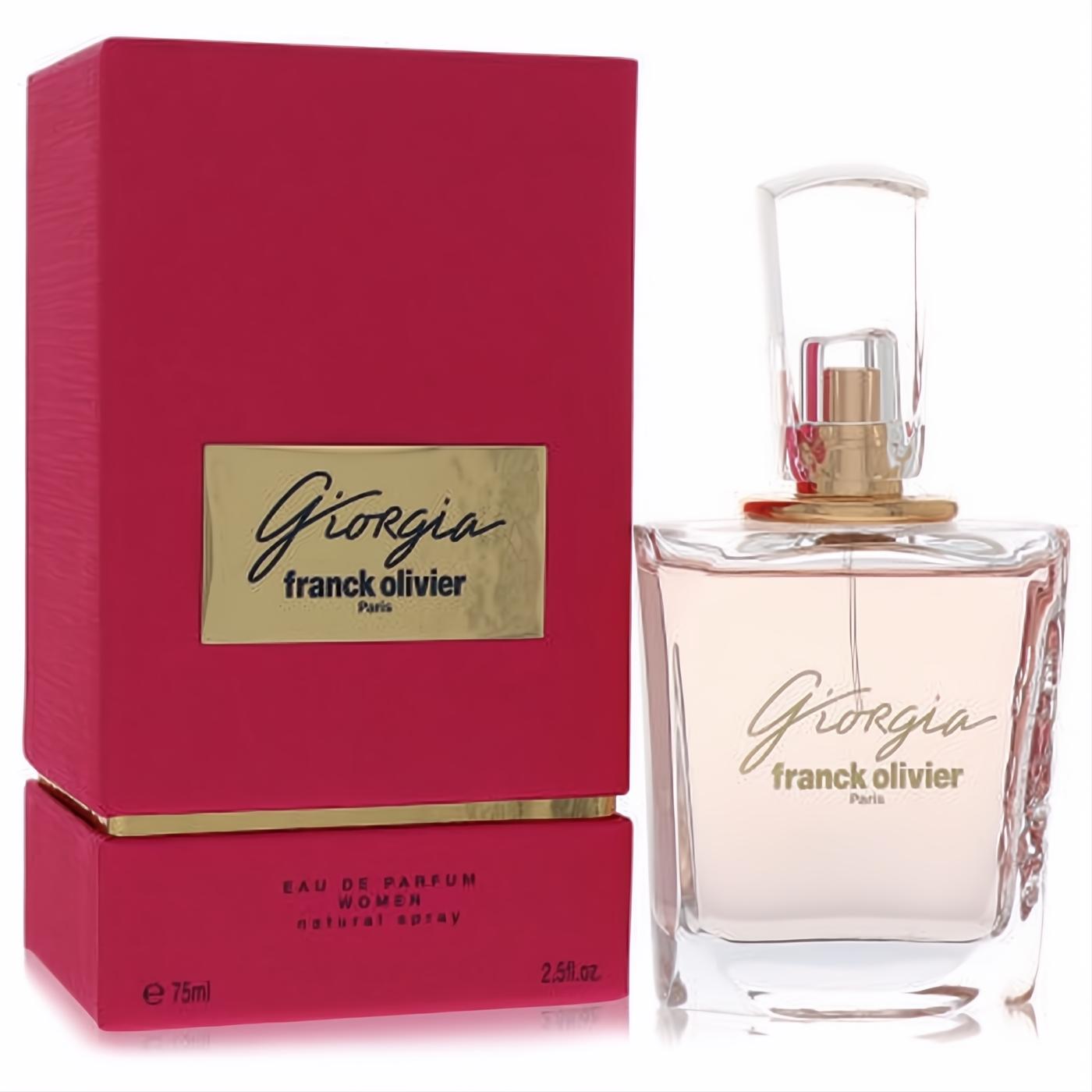 Elegant Franck Olivier Giorgia 2.5 oz EDP for women. Clear textured bottle, soft pink fragrance, and vibrant magenta box.