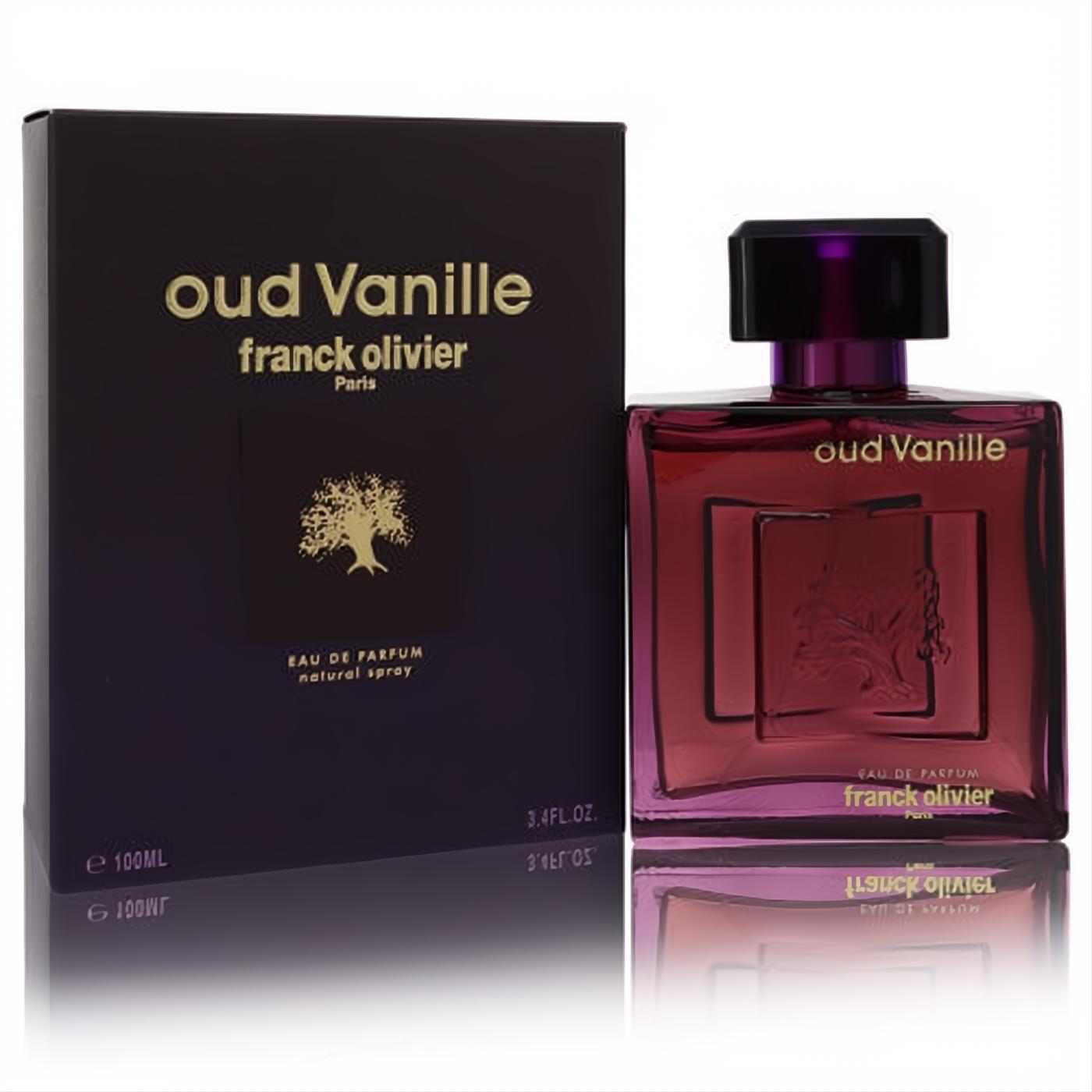 Elegant Franck Olivier Oud Vanille 3.4 oz Eau De Parfum. Rich maroon glass bottle with unique embossed design and gold lettering.
