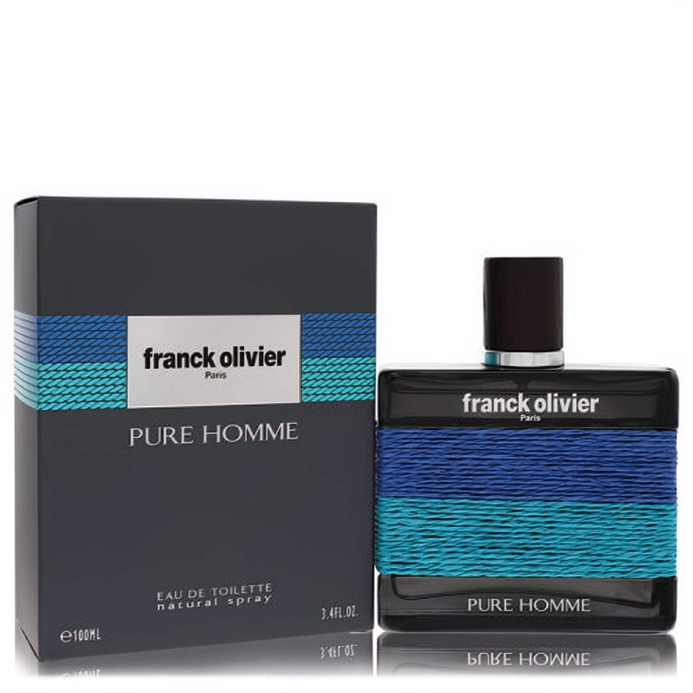 Franck Olivier Pure Homme 3.4 oz EDT spray. Bold black bottle and box with striking blue and teal striped design.