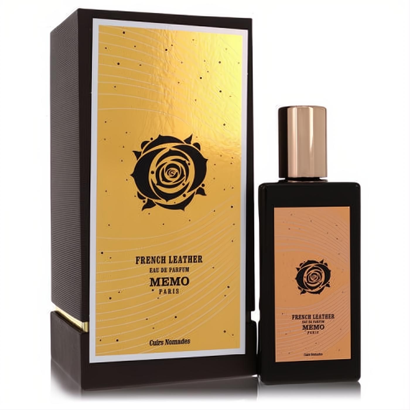 Sophisticated French Leather Memo Paris unisex EDP. Dark bottle with elegant gold cap, rose logo, and matching gold-accented box.