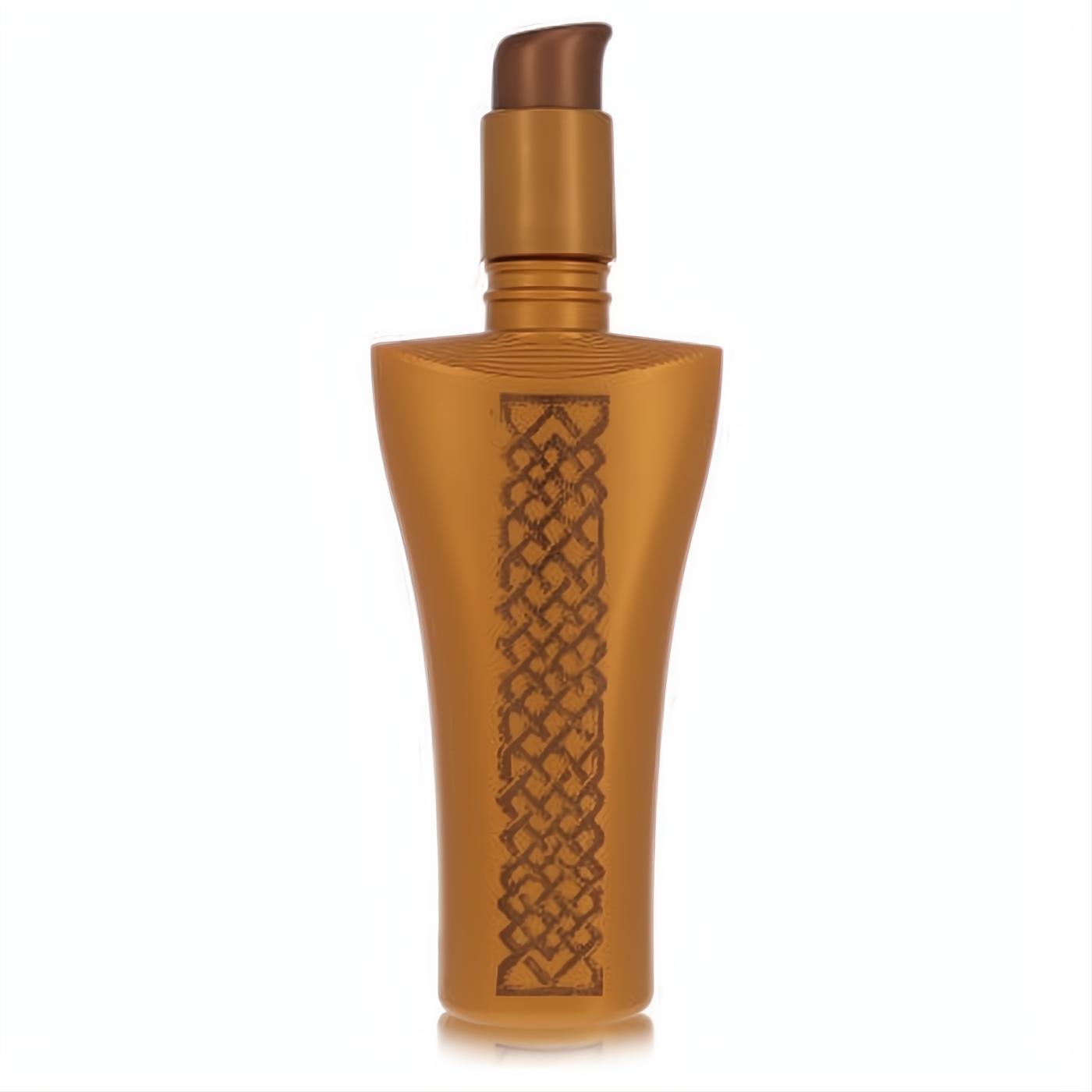Luxurious Frenzy by Nicole Miller 6.7 oz body lotion in a radiant gold pump bottle with an intricate Celtic knot design.