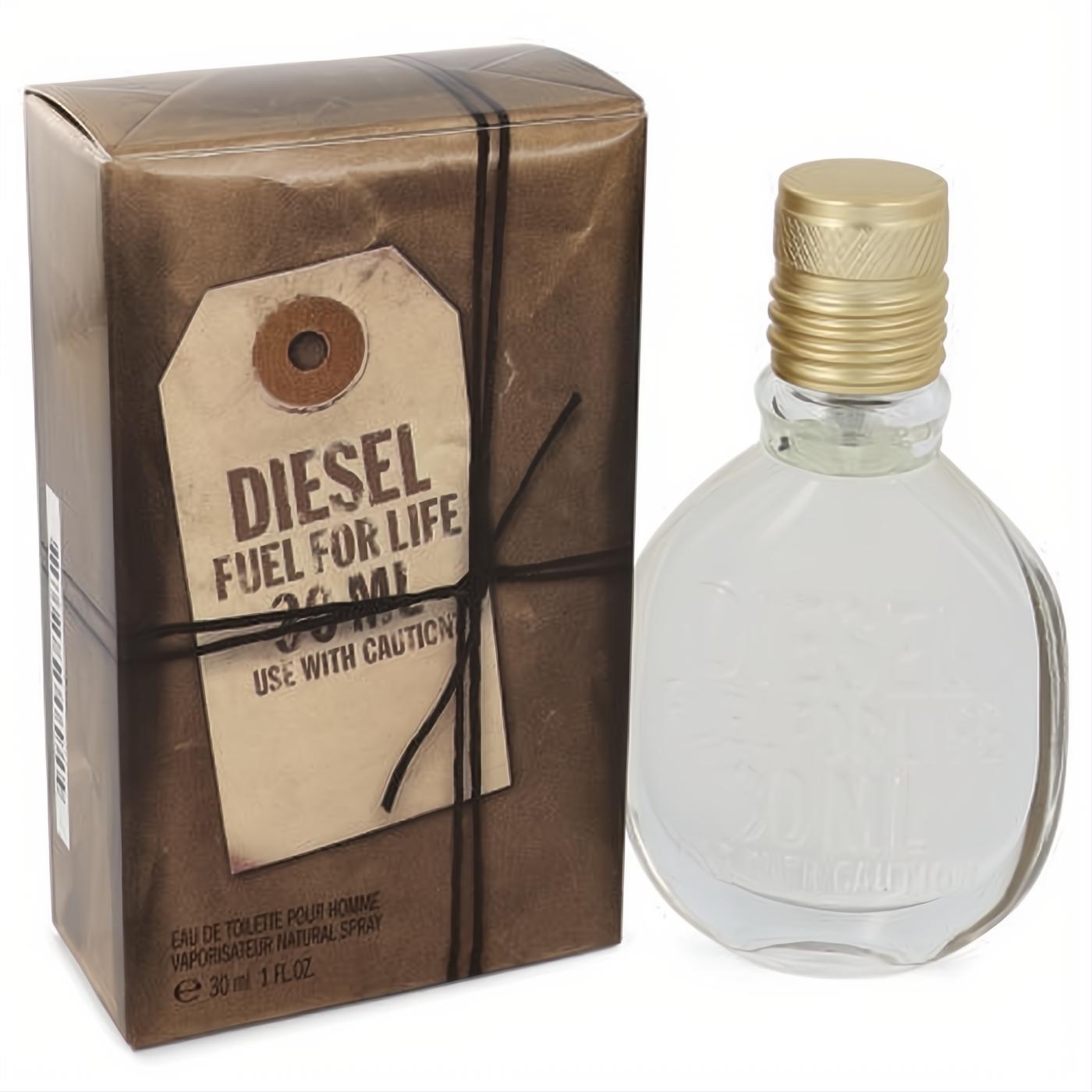 Diesel Fuel For Life 1 oz EDT. Clear round glass bottle with a ribbed gold cap, next to its rustic brown box with a "USE WITH CAUTION" tag.