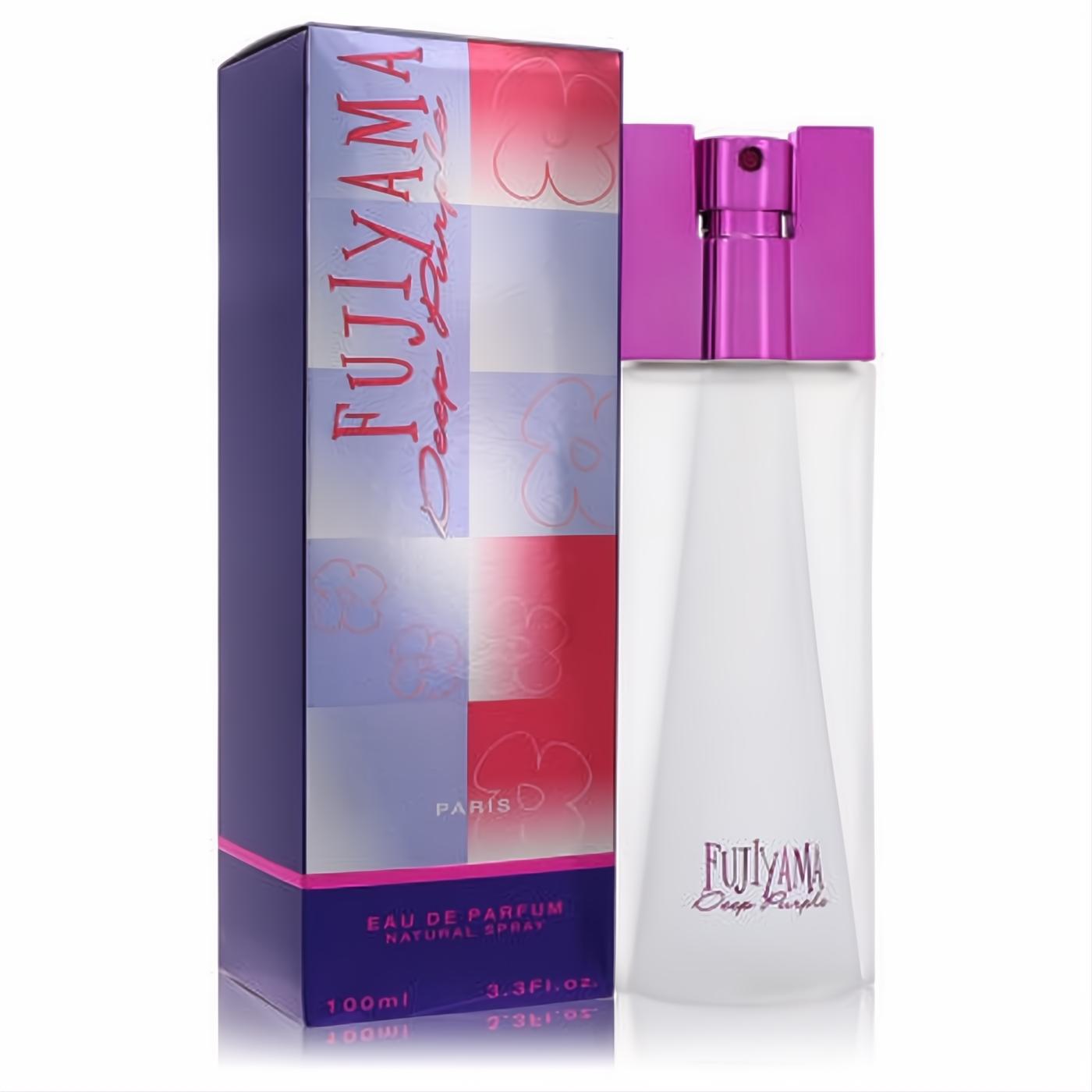 Succes De Paris Fujiyama Deep Purple 3.4 oz EDP. Elegant frosted glass bottle with a vibrant purple cap and matching decorative box.