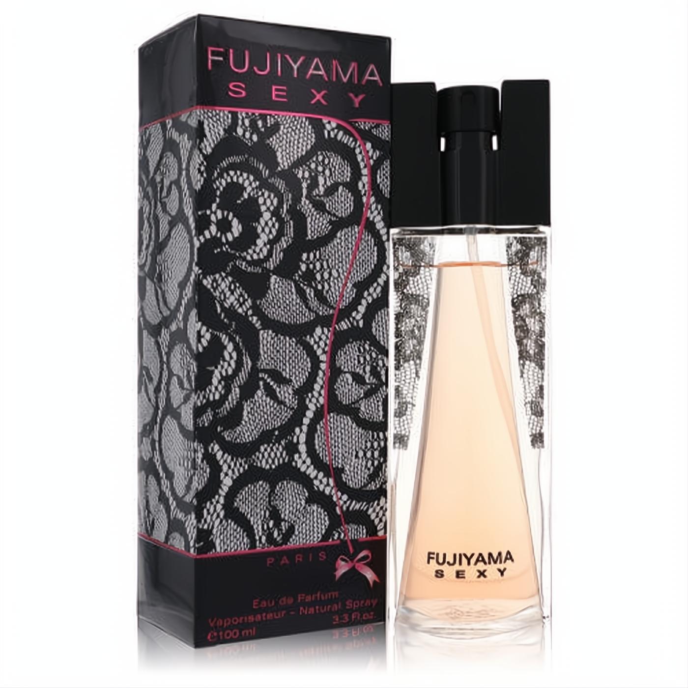 Captivating Fujiyama Sexy 3.4 oz EDT. Clear bottle reveals a delicate peach fragrance, complemented by a luxurious black lace box.