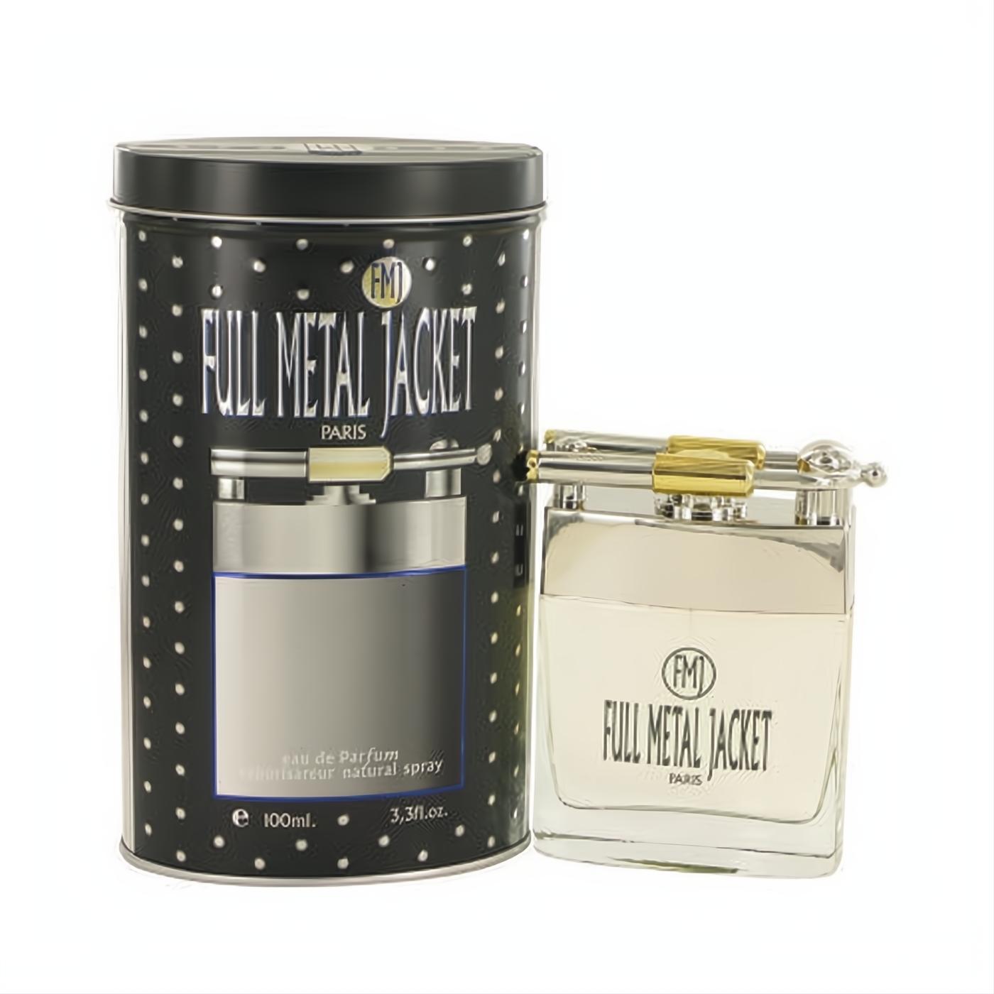 Full Metal Jacket 3.4 oz men's EDP. Striking clear bottle with silver & gold top, presented with its unique black & silver collectible tin.
