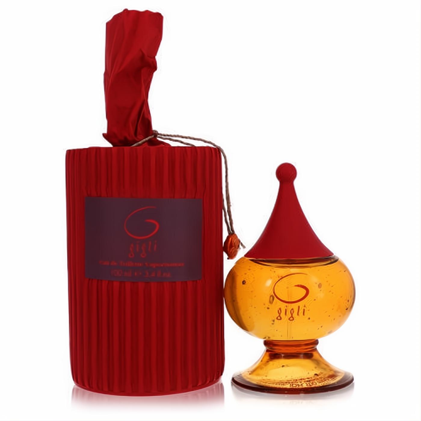 G De Gigli 3.4 oz EDT spray: unique amber glass bottle with red conical cap, beside luxurious red ribbed fabric packaging.