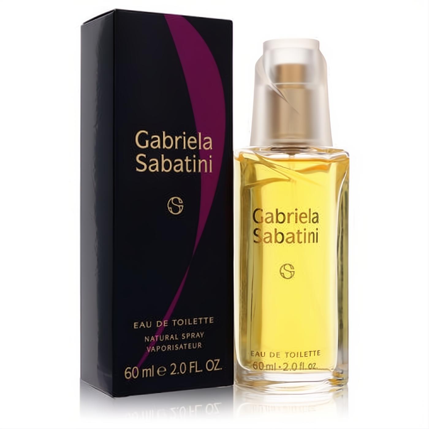 Gabriela Sabatini 2 oz Eau De Toilette spray, golden liquid in clear bottle, next to its elegant black & purple box.