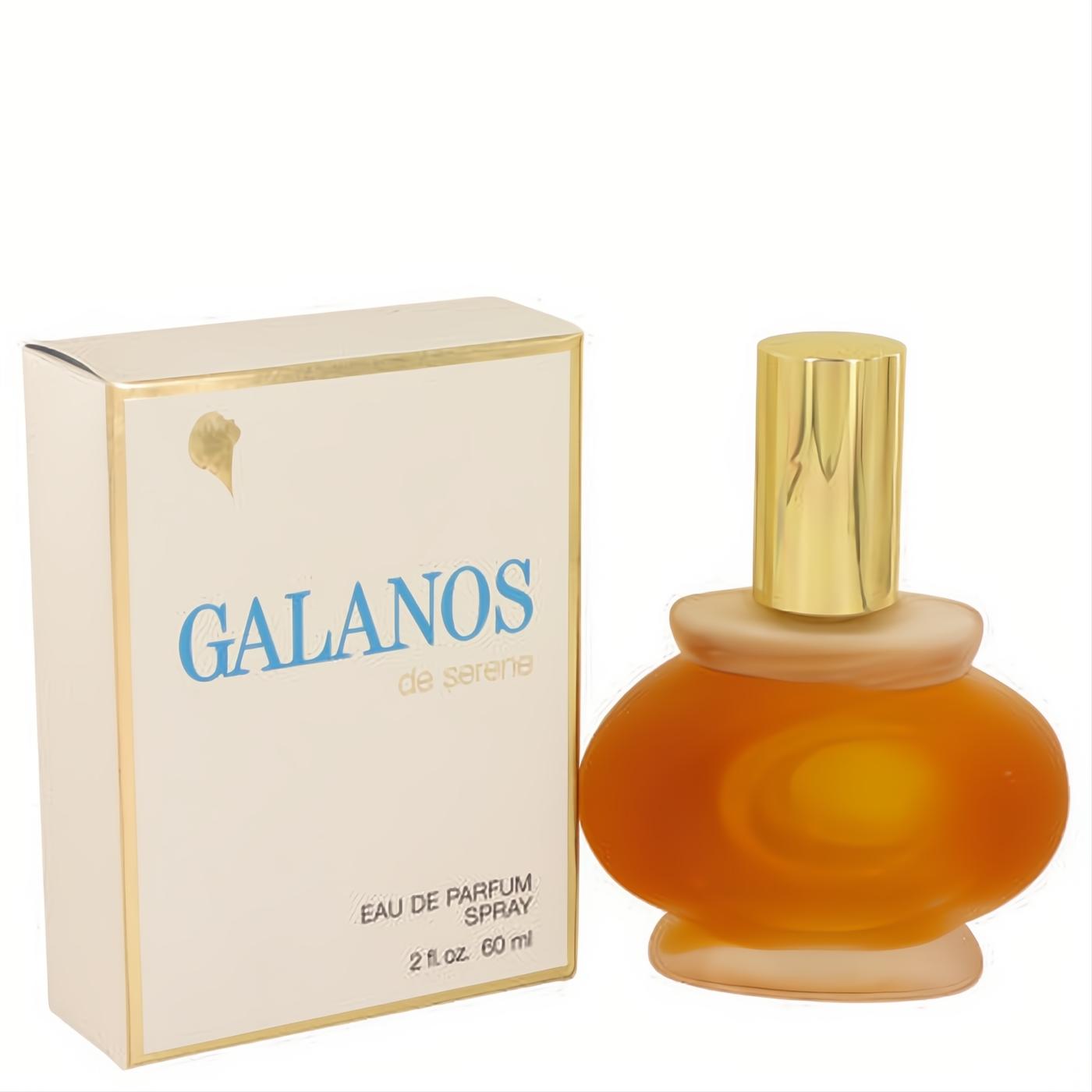 Galanos De Serene 2 oz Eau de Parfum spray. Elegant frosted amber bottle with a radiant gold cap, next to its classic white and gold box.