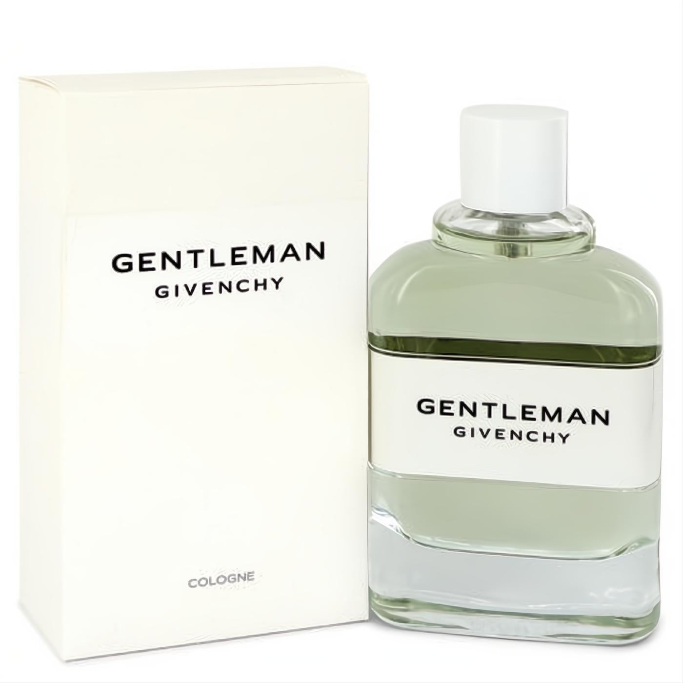 Sophisticated Givenchy Gentleman Cologne: clear glass bottle with fresh green liquid, white cap, and elegant cream box.