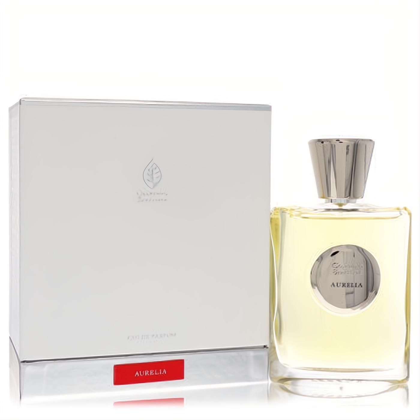 Giardino Benessere Aurelia 3.4 oz unisex EDP. Luxurious clear bottle, golden liquid, unique silver cap, and elegant white box.