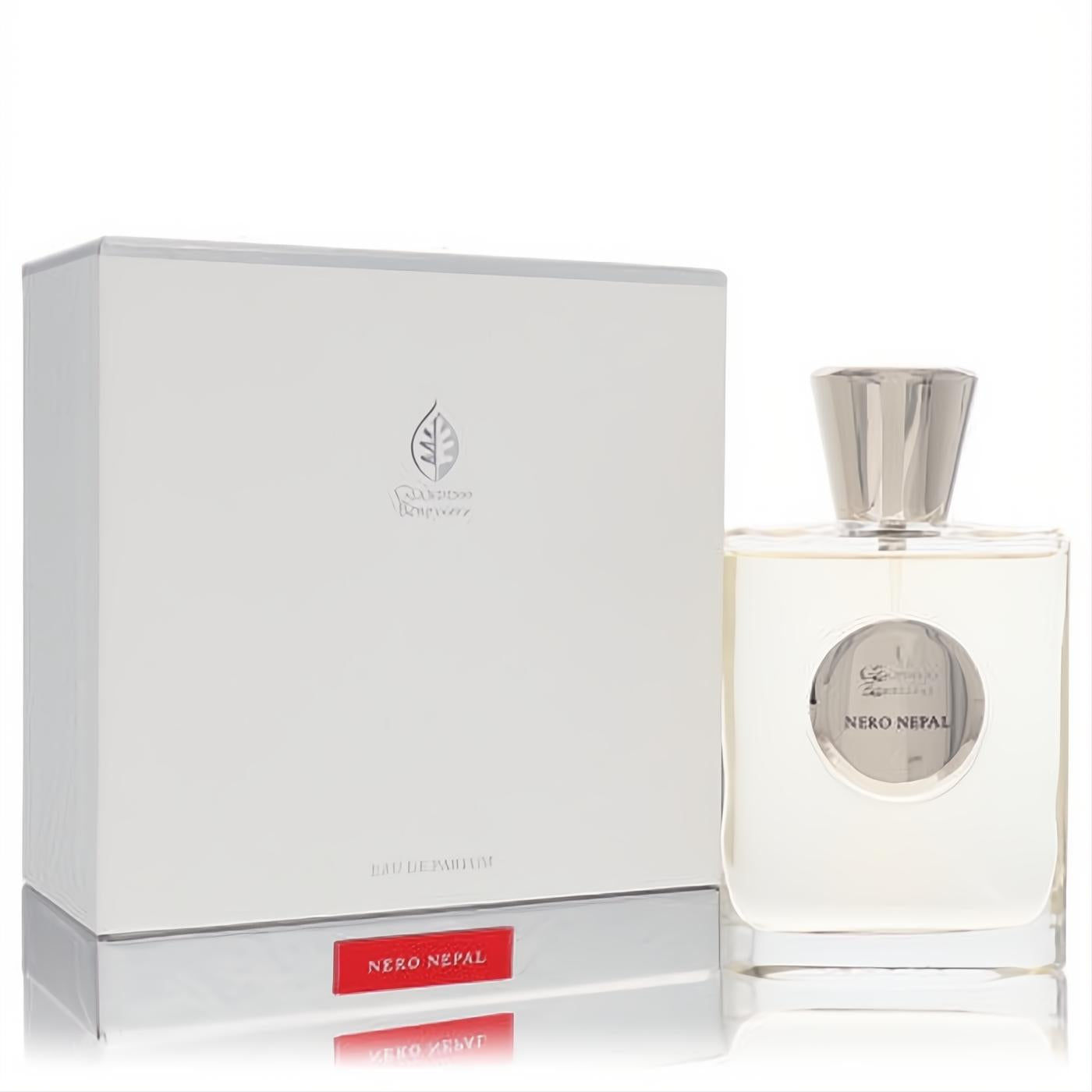 Giardino Benessere Nero Nepal 3.4 oz unisex EDP. Luxurious clear glass bottle, silver cap, and elegant white box with red detail.