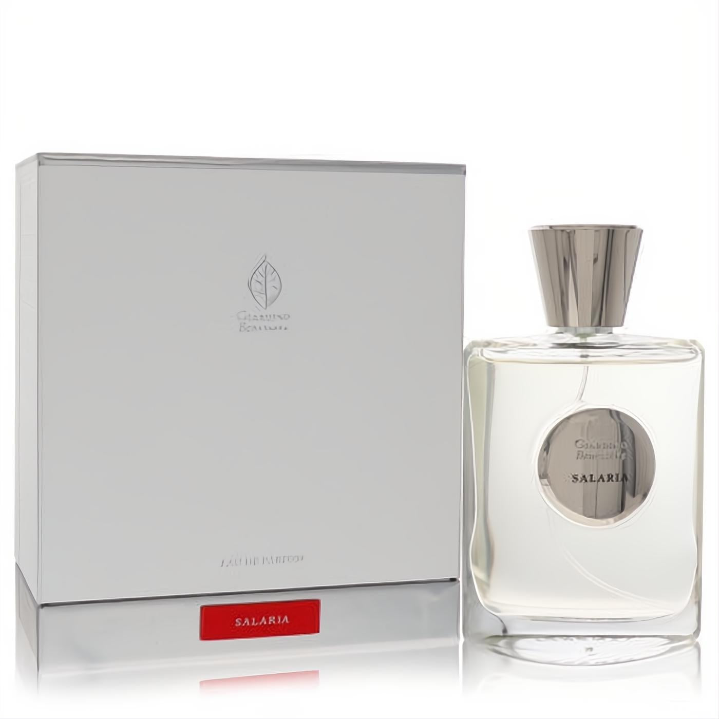 Sophisticated Giardino Benessere Salaria 3.4 oz unisex EDP in a clear glass bottle with a distinctive silver cap and elegant white packaging.