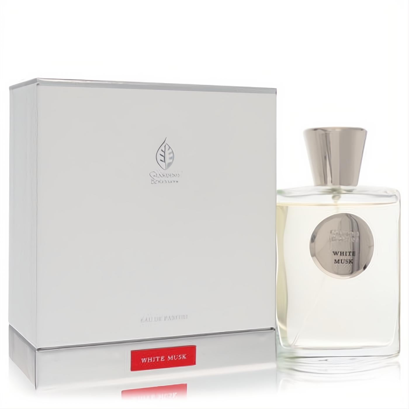 Giardino Benessere White Musk 3.4 oz unisex eau de parfum in sleek clear bottle with silver cap and elegant white box.