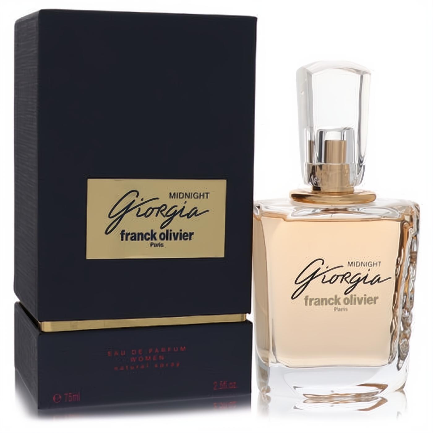 Giorgia Midnight Franck Olivier 2.5 oz women's perfume. Clear faceted glass bottle with warm amber liquid, gold accents, and sleek dark box.