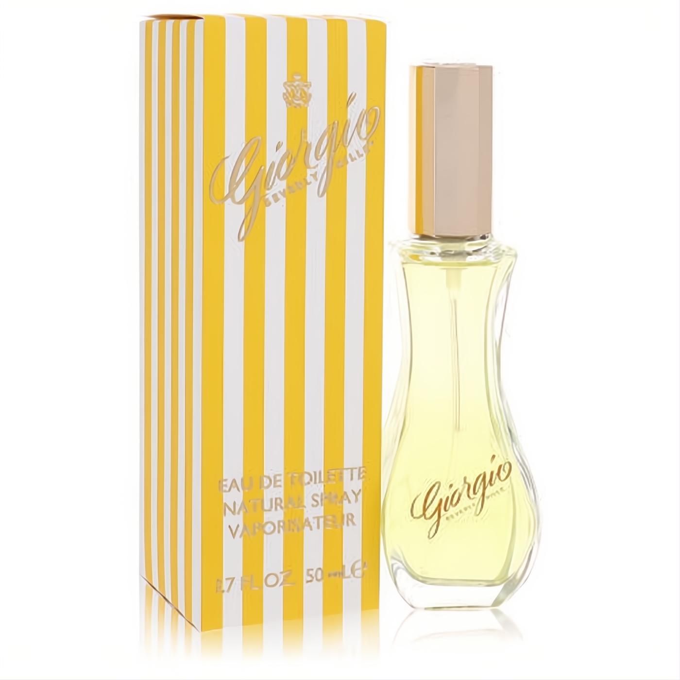 Giorgio Beverly Hills 1.7 oz women's Eau De Toilette spray. Clear curved bottle, golden cap, and iconic yellow striped box.