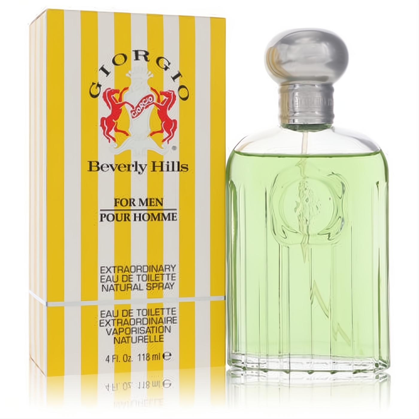Giorgio Beverly Hills 4 oz men's EDT. Sleek clear glass bottle with silver cap and light green fragrance, beside its iconic yellow striped box.