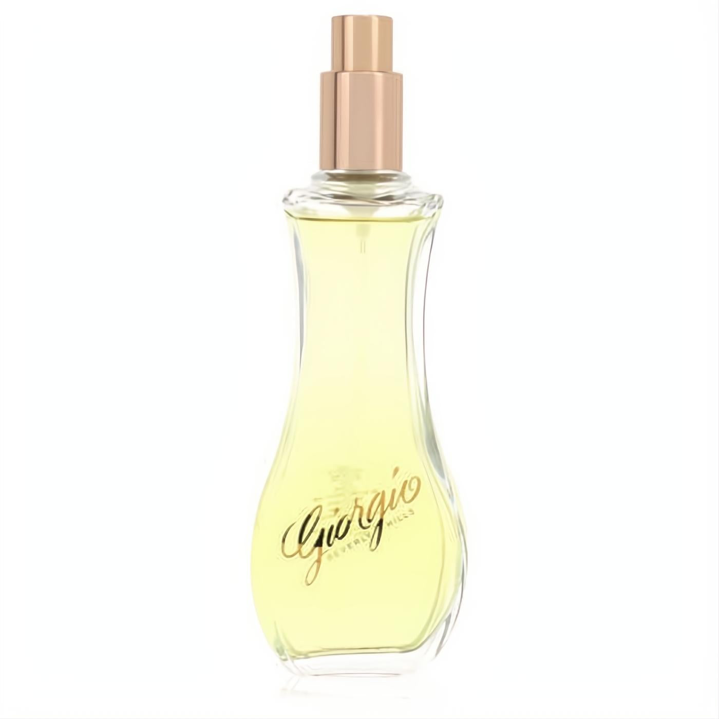Giorgio Beverly Hills 3 oz EDT tester. Iconic curvy glass bottle, luminous golden fragrance, sleek rose gold sprayer.