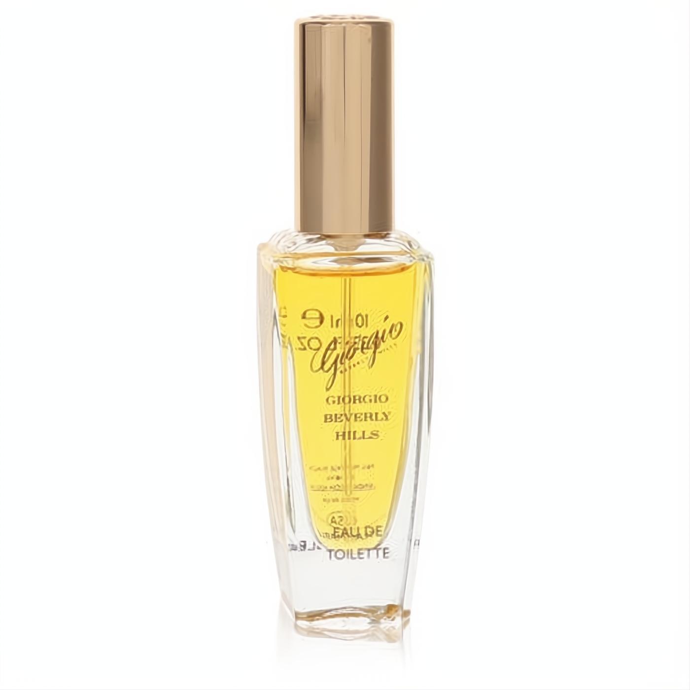 Giorgio Beverly Hills .33 oz mini EDT spray. Clear glass bottle, radiant yellow fragrance, and elegant gold cap.